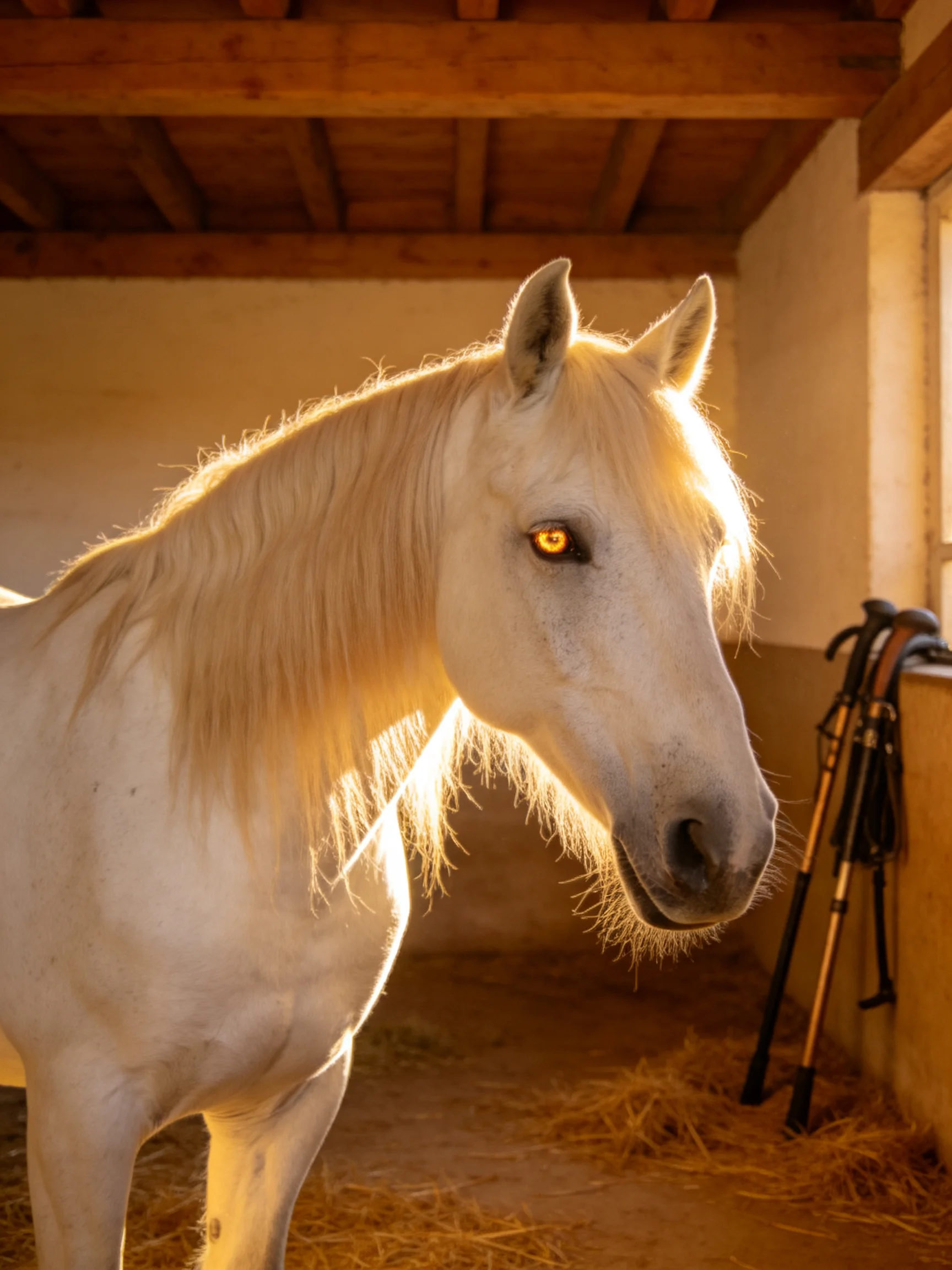 A white horse stands in a sunlit stable with hay.