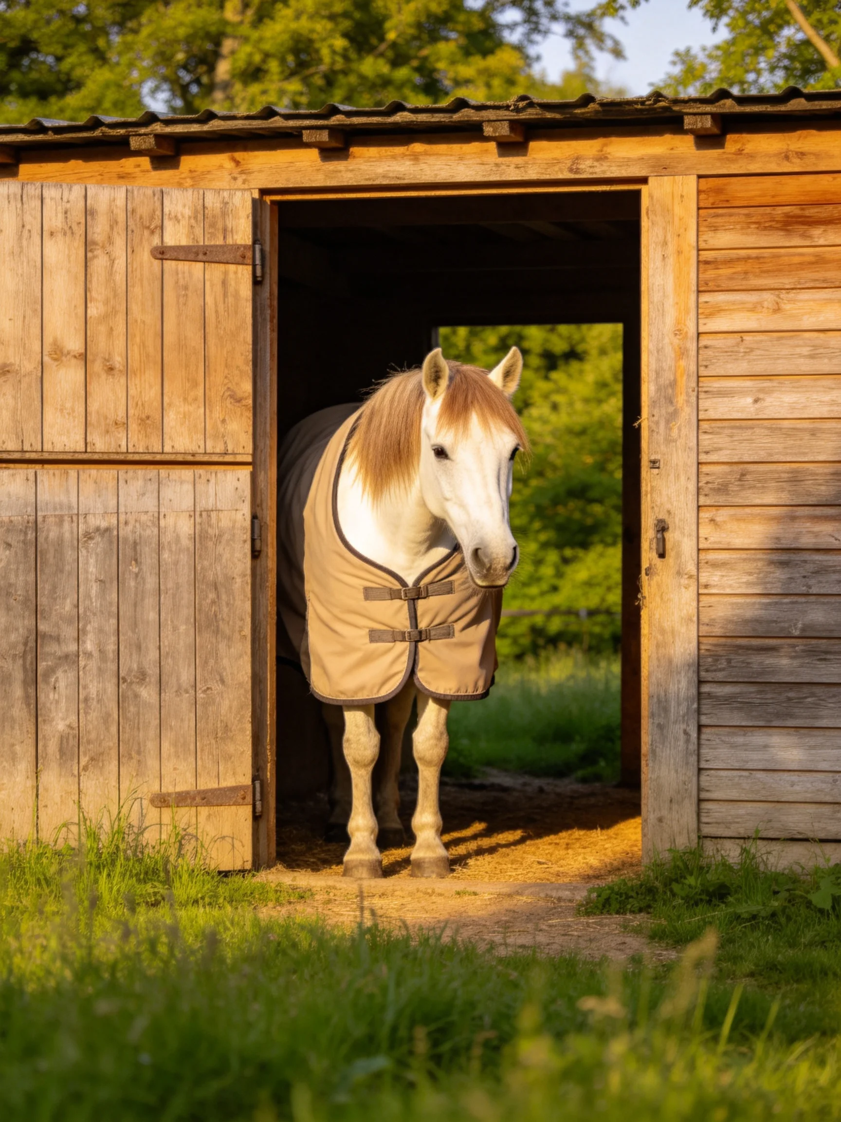 A white horse in a tan blanket exits an aged wooden stable