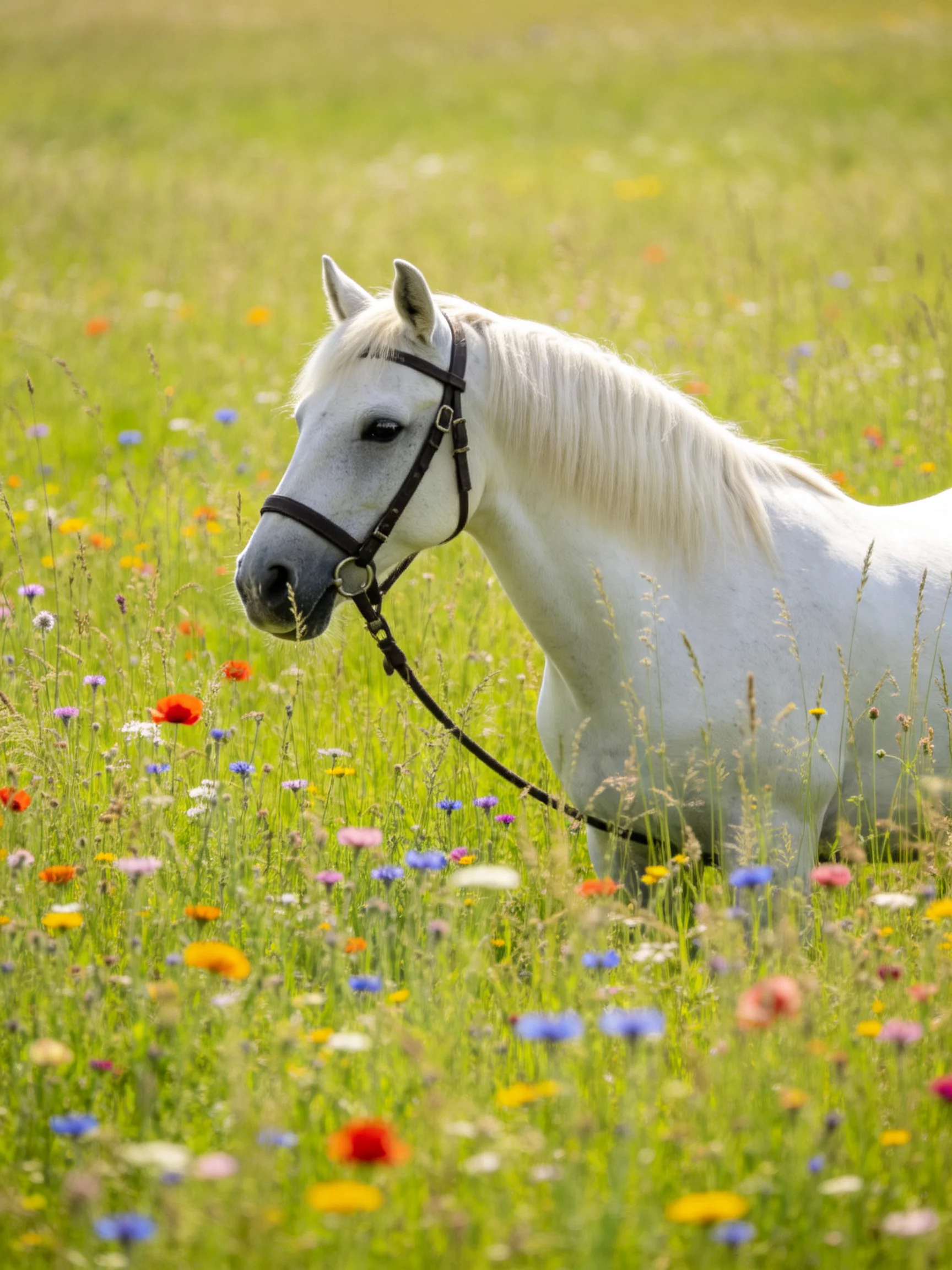 A white horse stands in a field of colorful wildflowers.