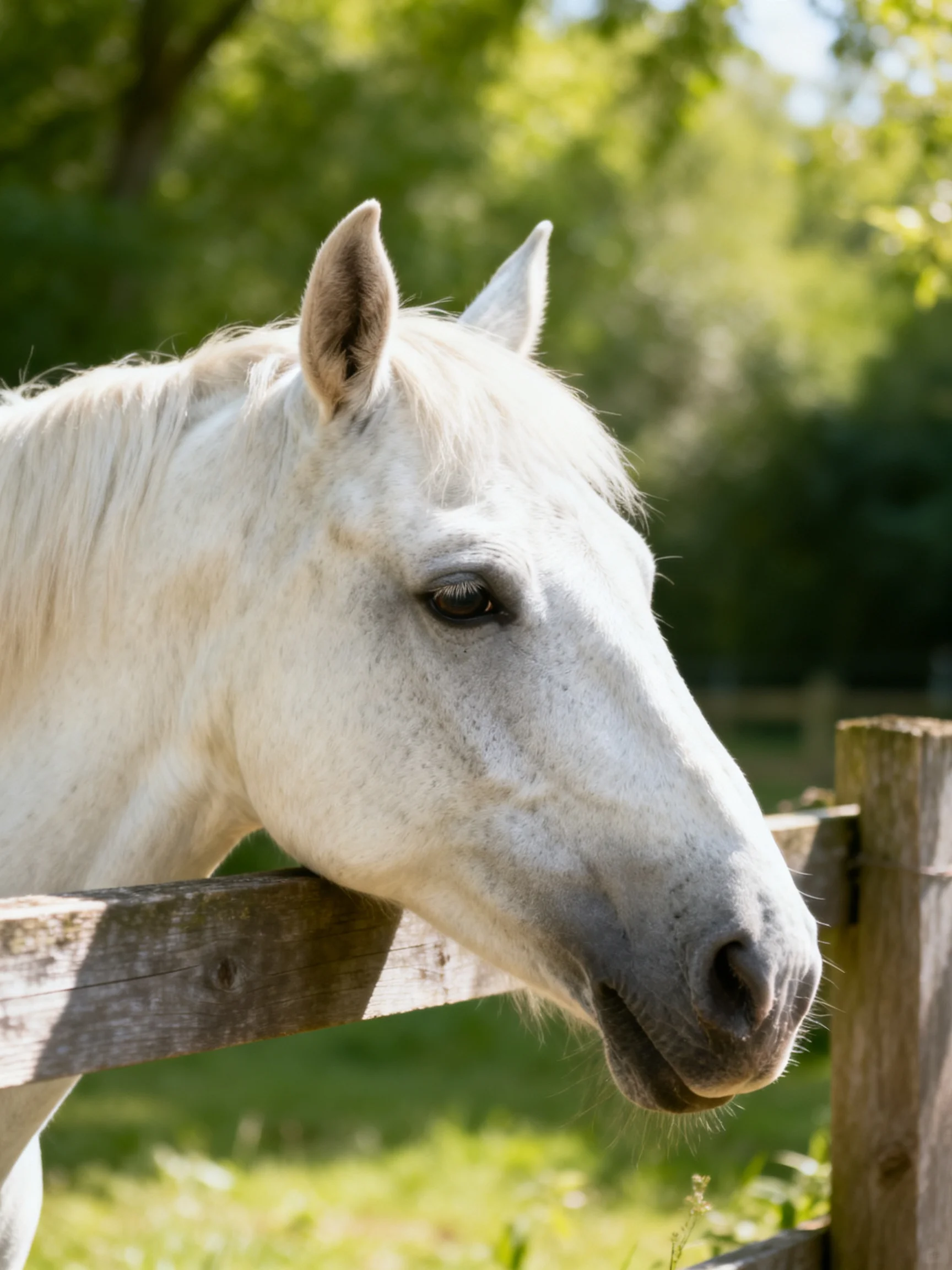 A white horse leans over a weathered wooden fence in a sunlit meadow