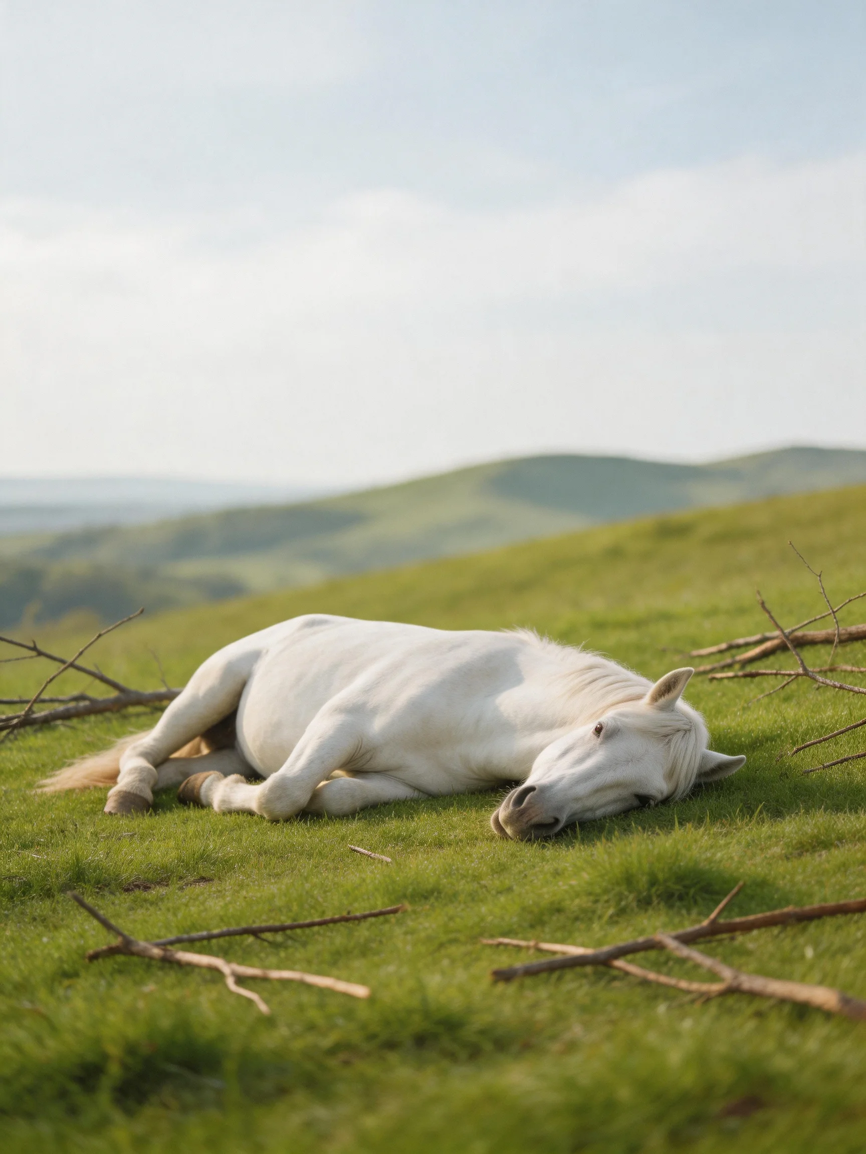 A white horse lies on lush green grass near rolling hills