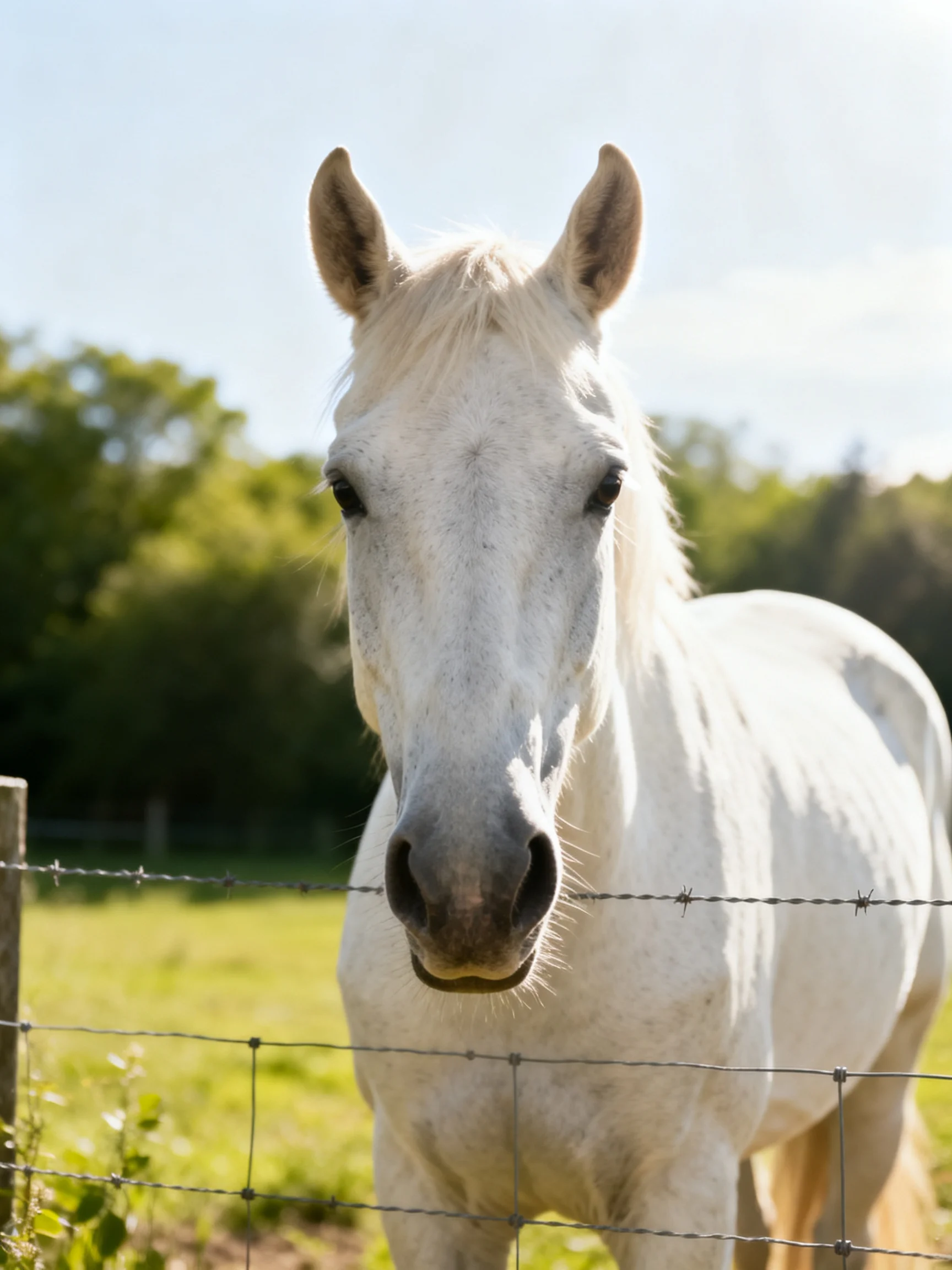 A white horse near a barbed wire fence in a sunny pasture