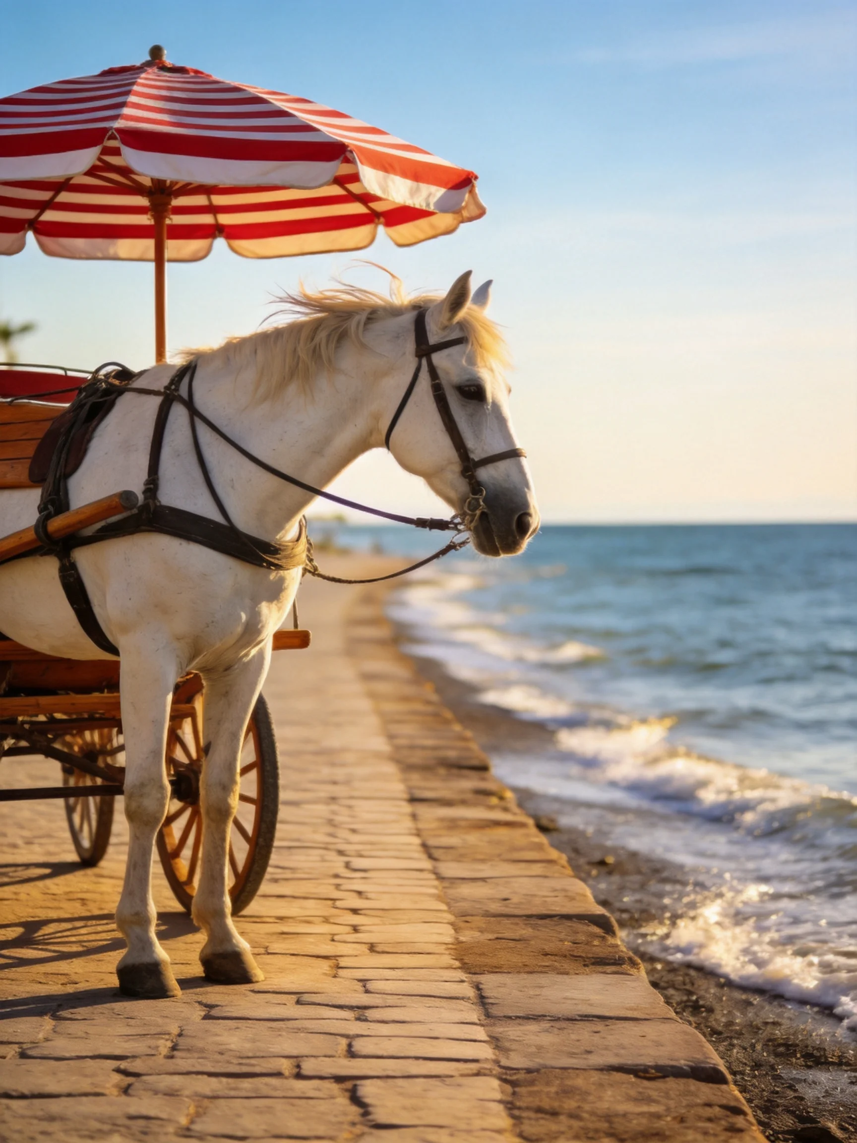 A white horse near a red-and-white striped umbrella by the seaside