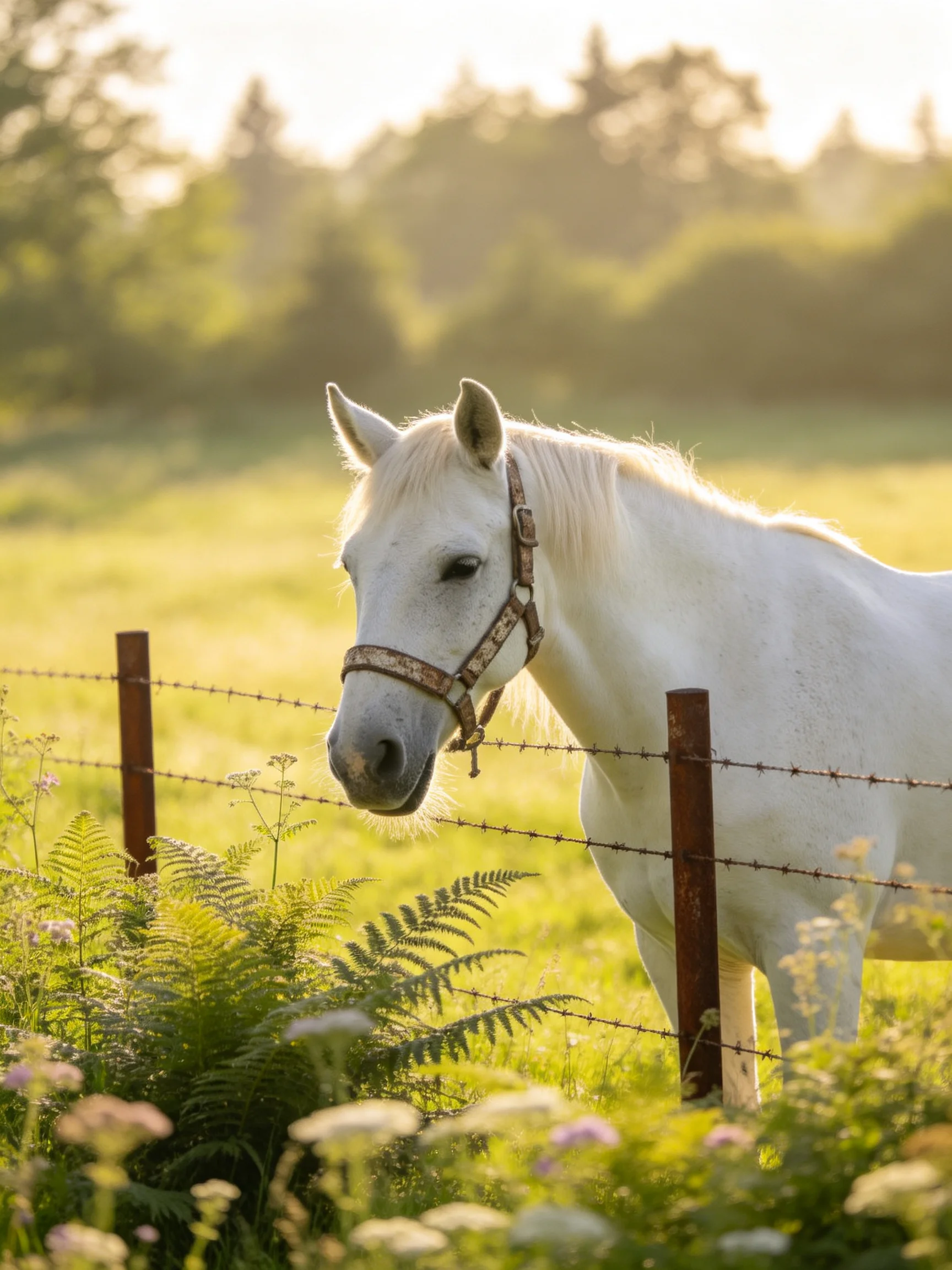 A white horse near a rusty barbed wire fence in a sunlit meadow