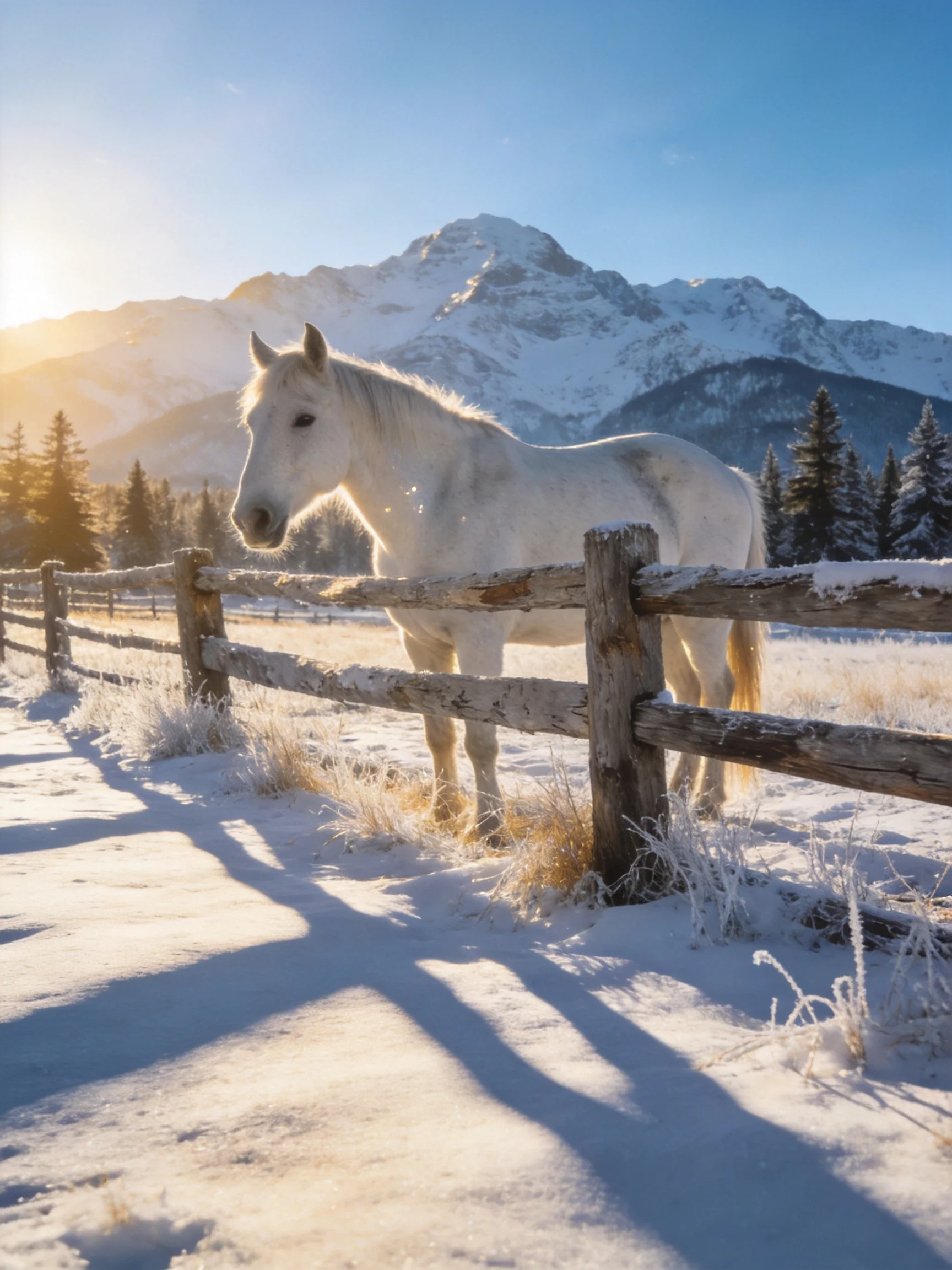 A white horse near a snow-dusted wooden fence with snowy mountains