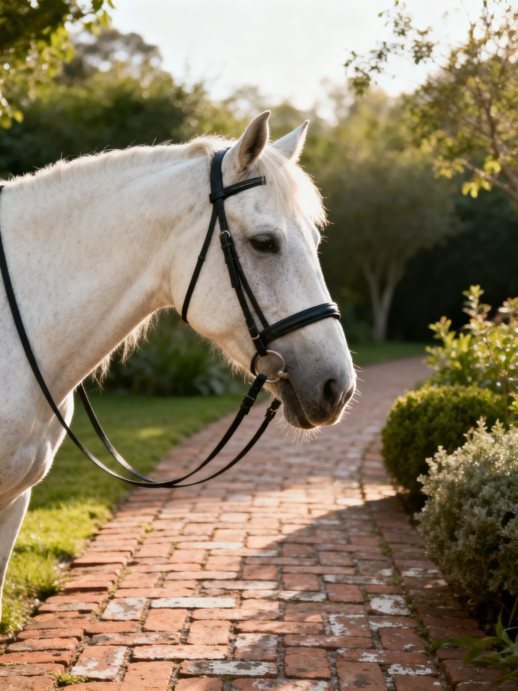 A white horse near a weathered red-brick pathway amid greenery