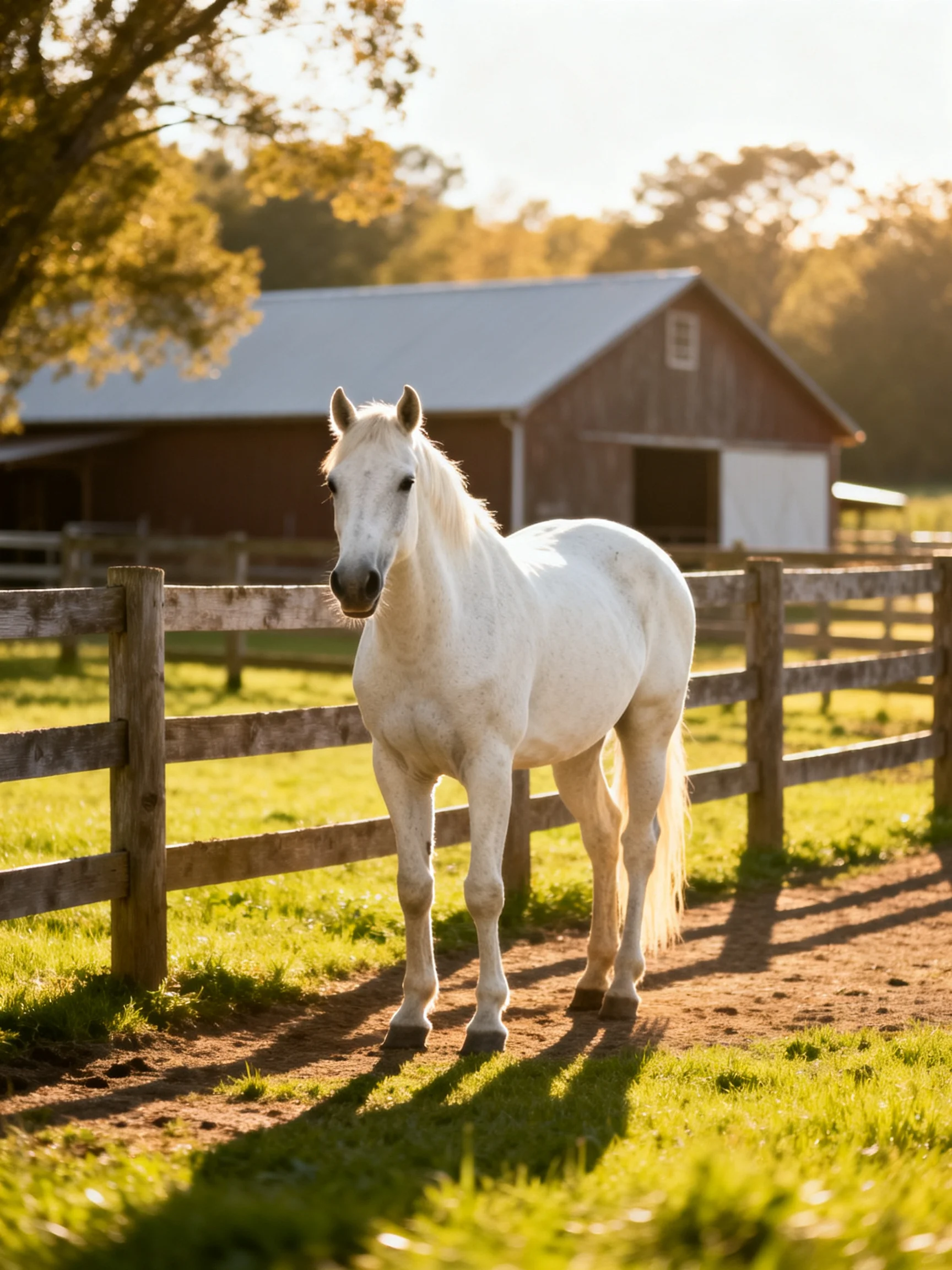 A white horse near a weathered wooden fence by a rustic barn