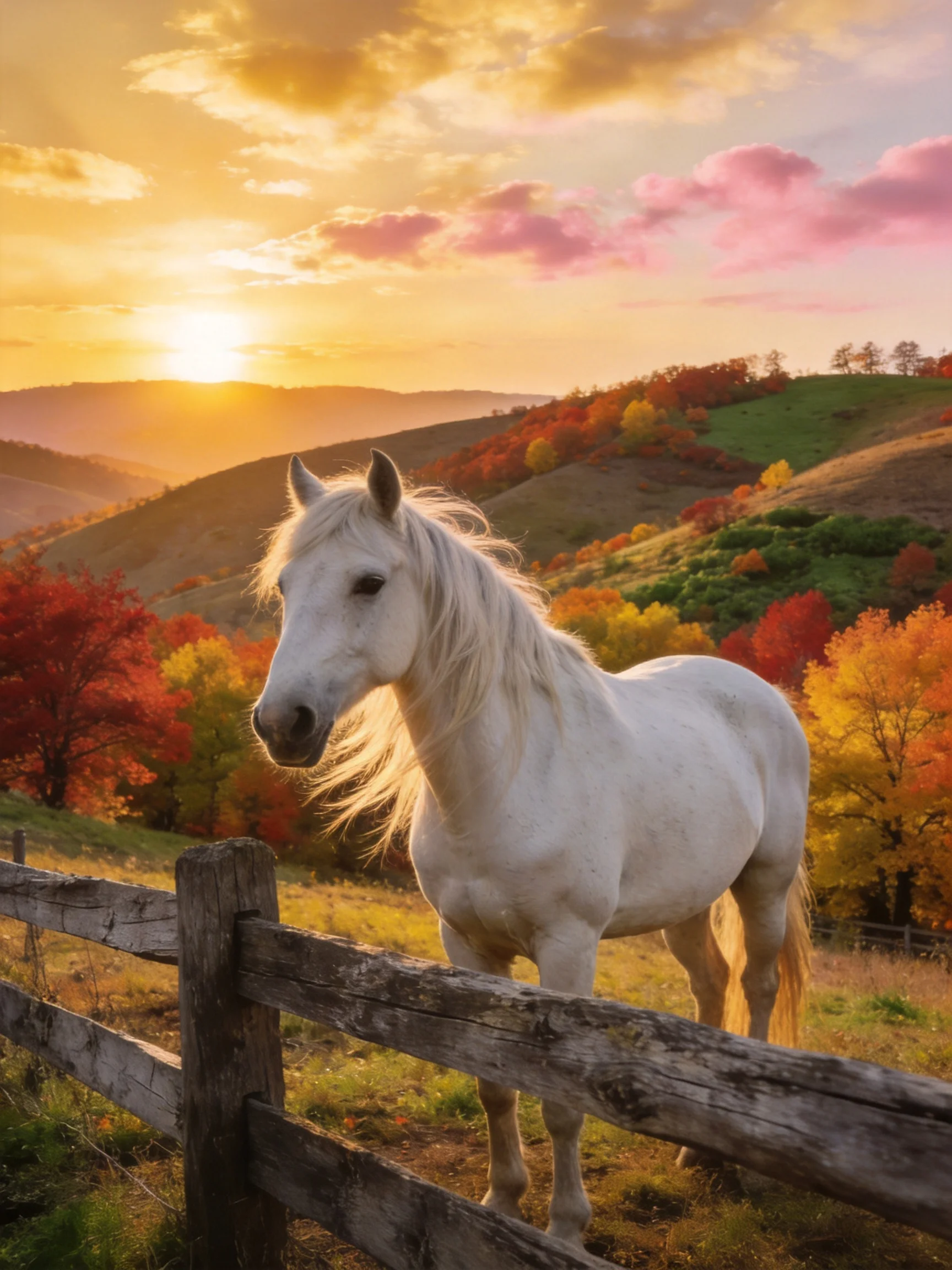 A white horse near a weathered wooden fence in a colorful autumn landscape at sunset