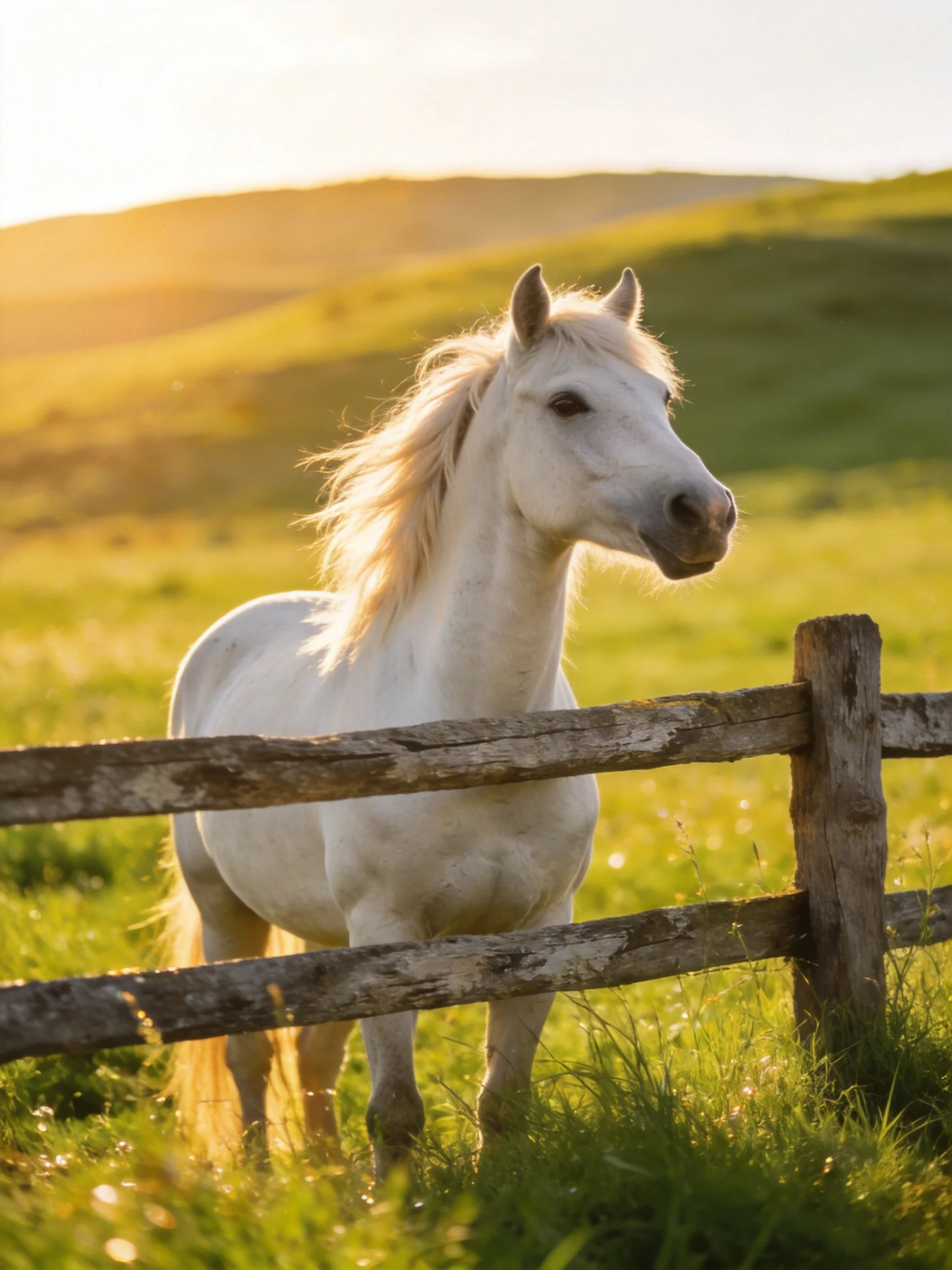 A white horse near a weathered wooden fence in a sunlit meadow