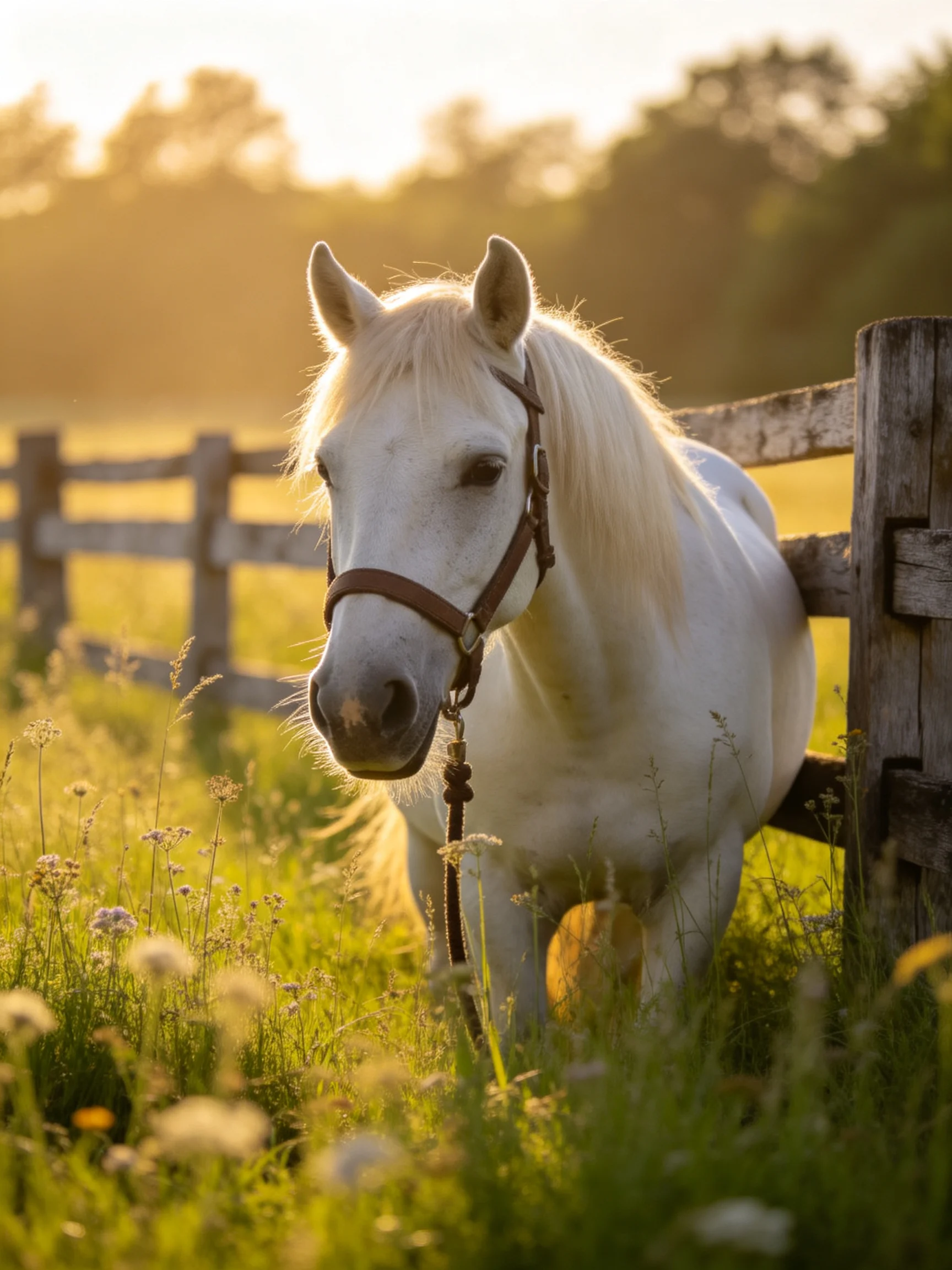 A white horse near a weathered wooden fence in a sunlit meadow
