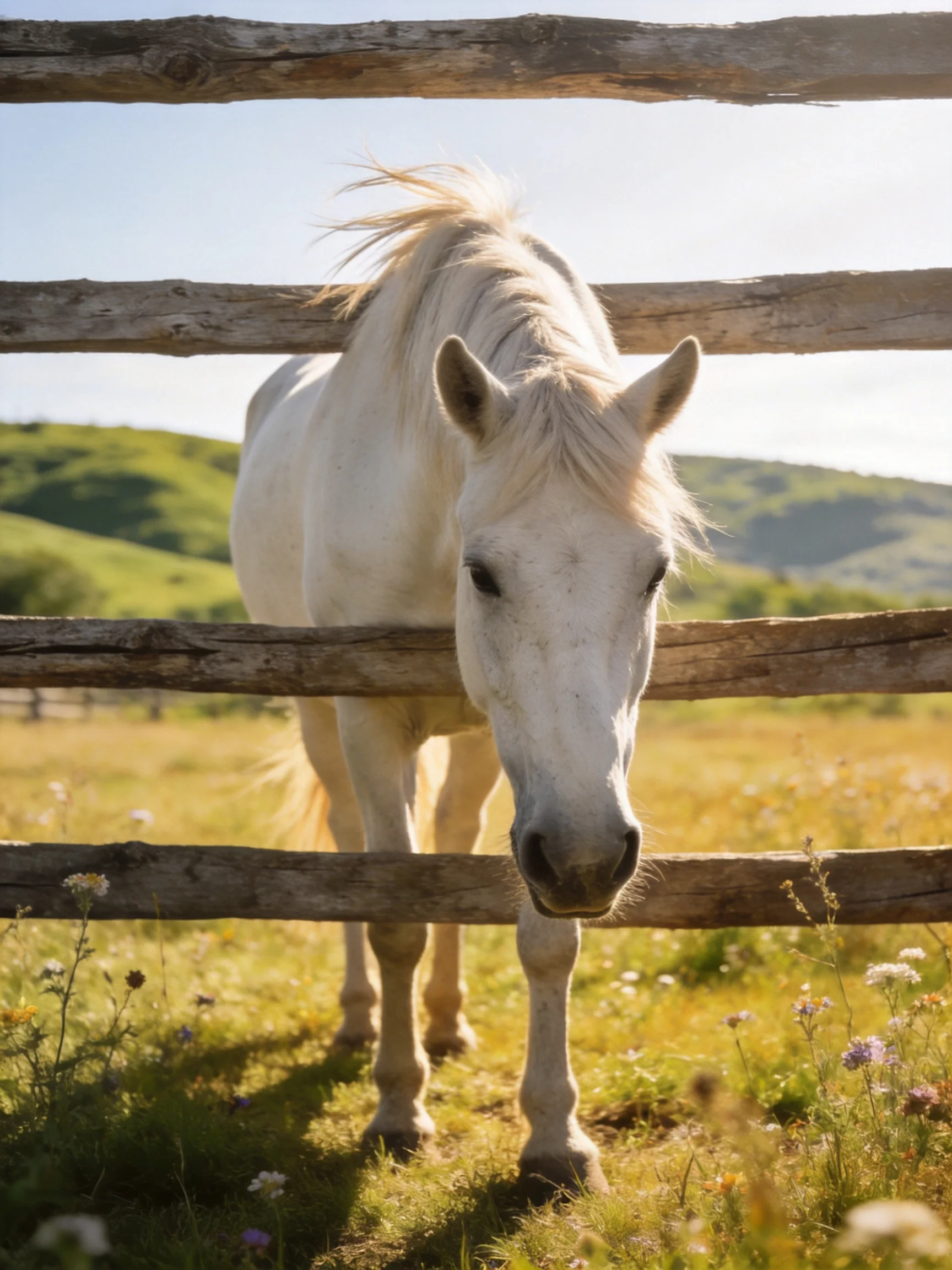 A white horse near a weathered wooden fence in a sunlit meadow