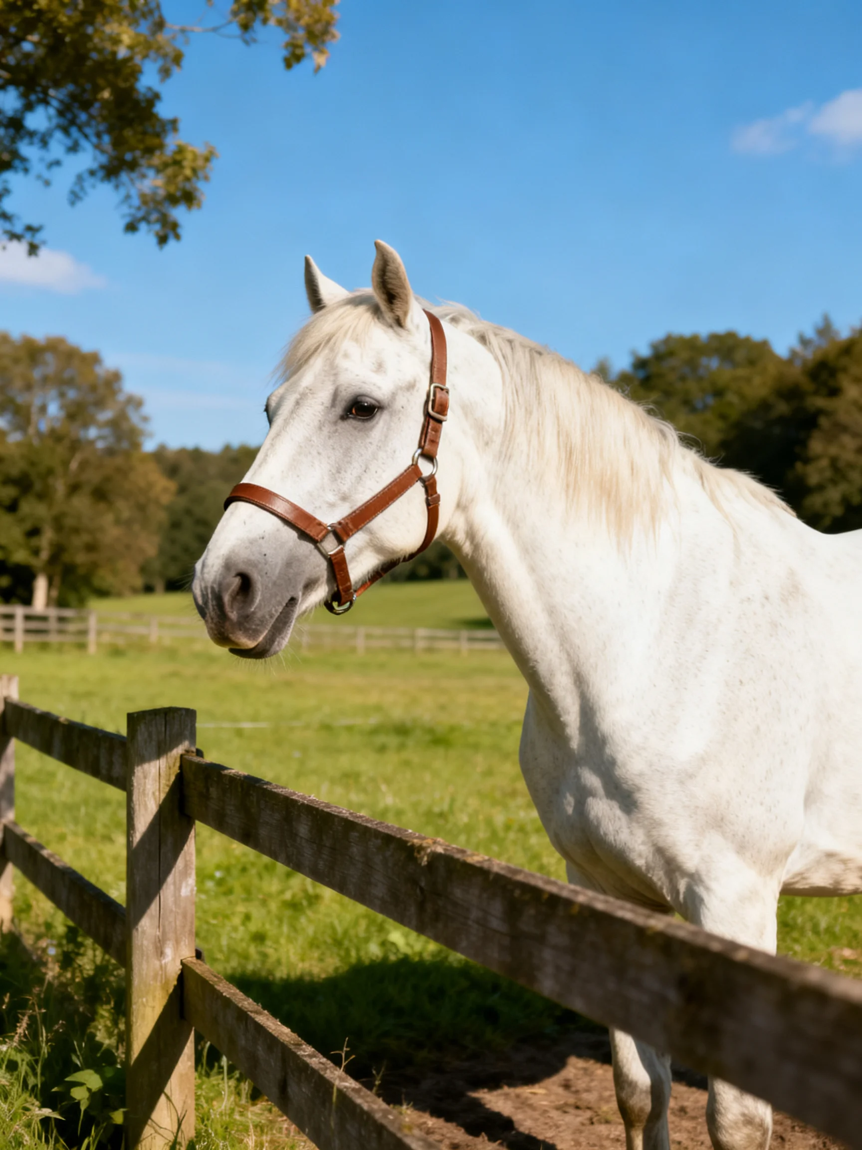 A white horse near a weathered wooden fence in a sunny pasture