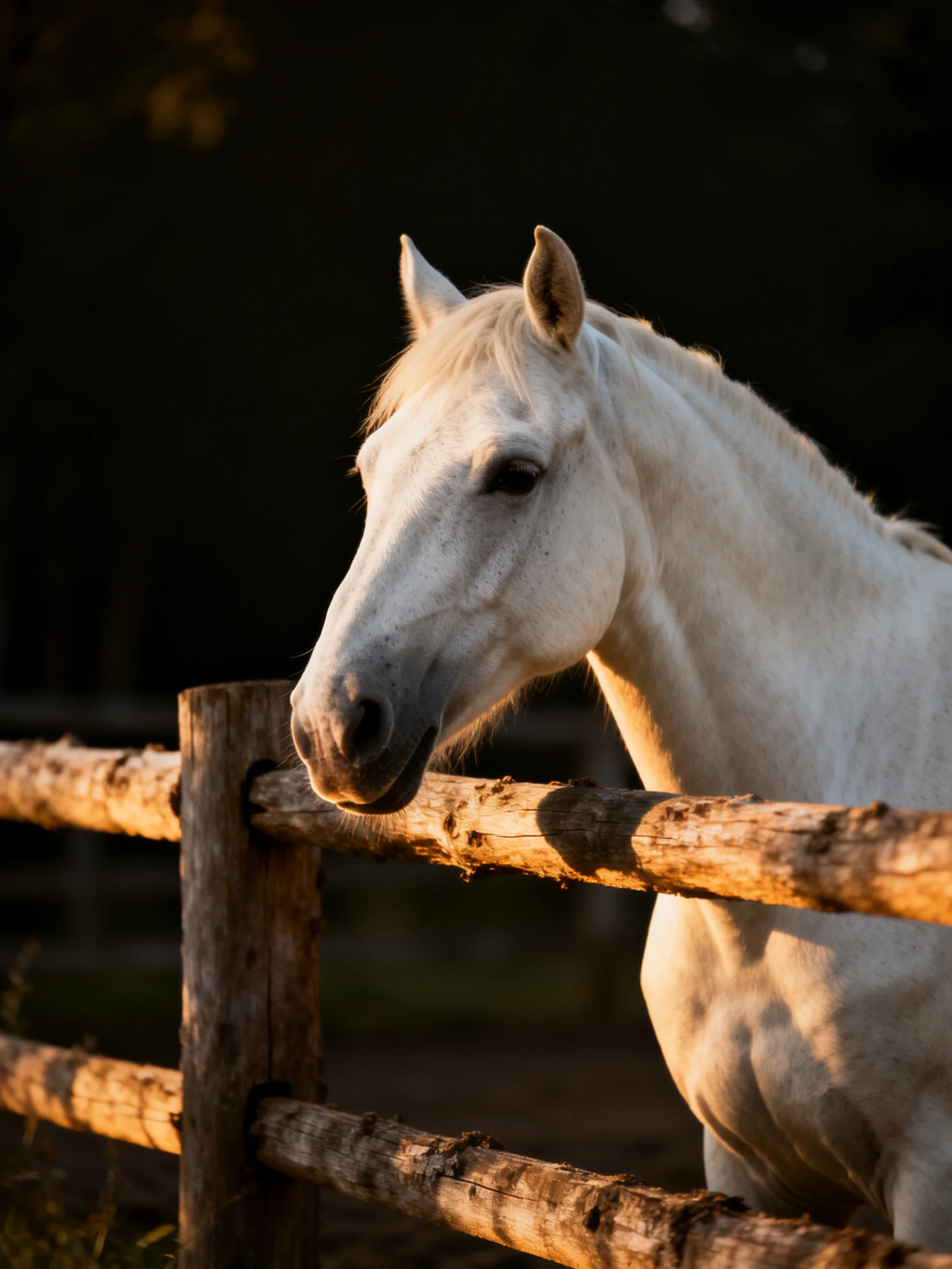 A white horse near a weathered wooden fence in golden hour light