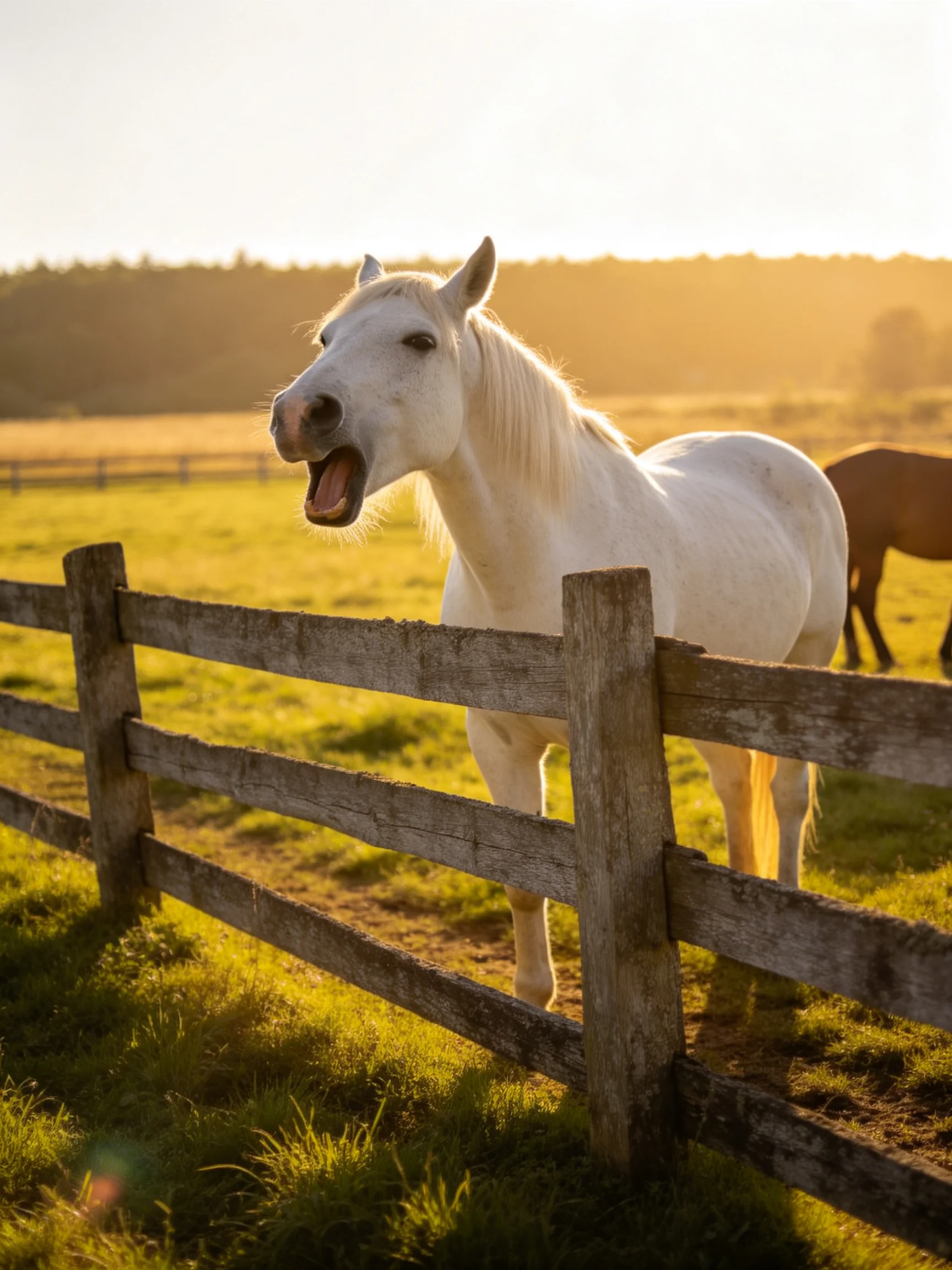 A white horse near a weathered wooden fence in golden-hour sunlight