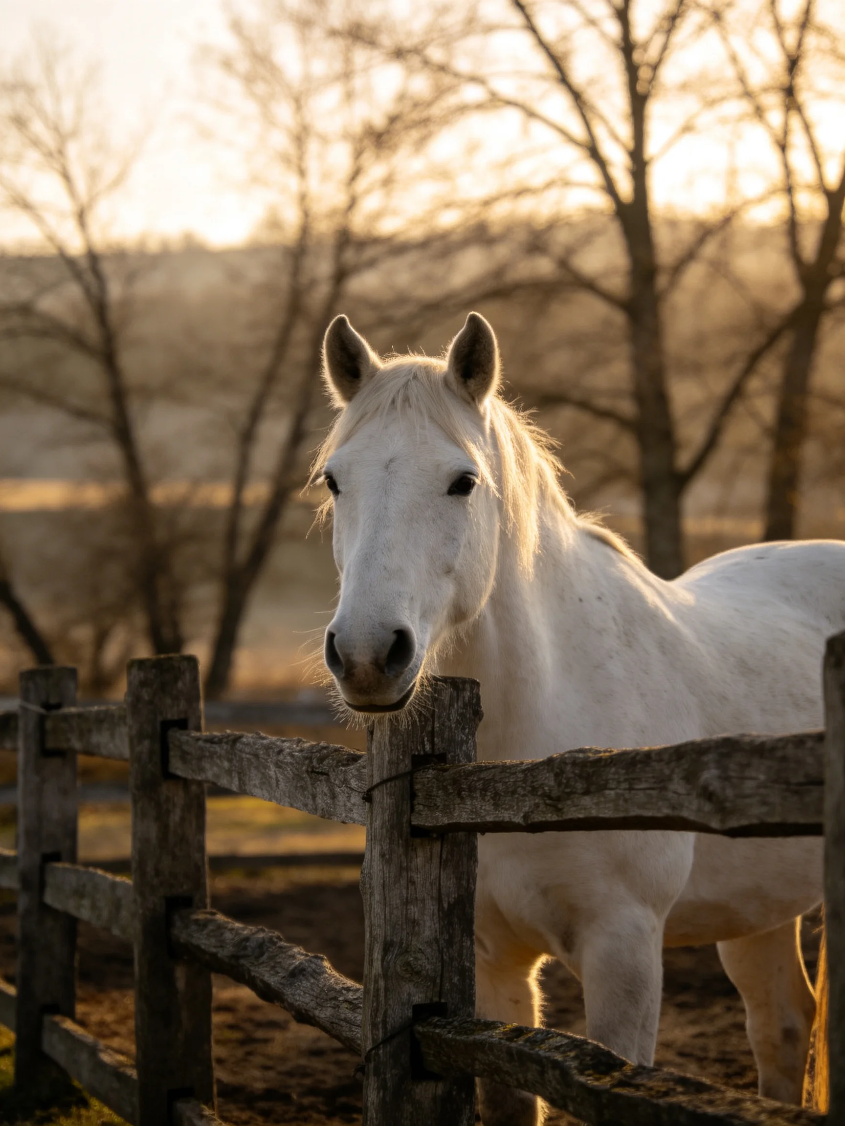 A white horse near a weathered wooden fence in golden light