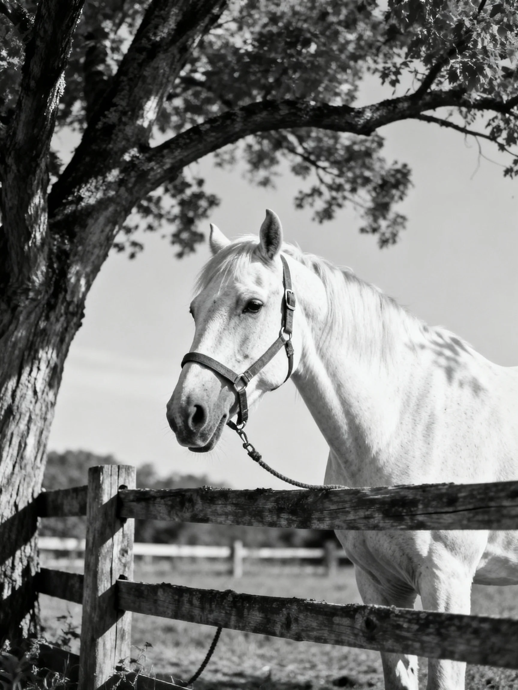 A white horse near a weathered wooden fence under a large tree