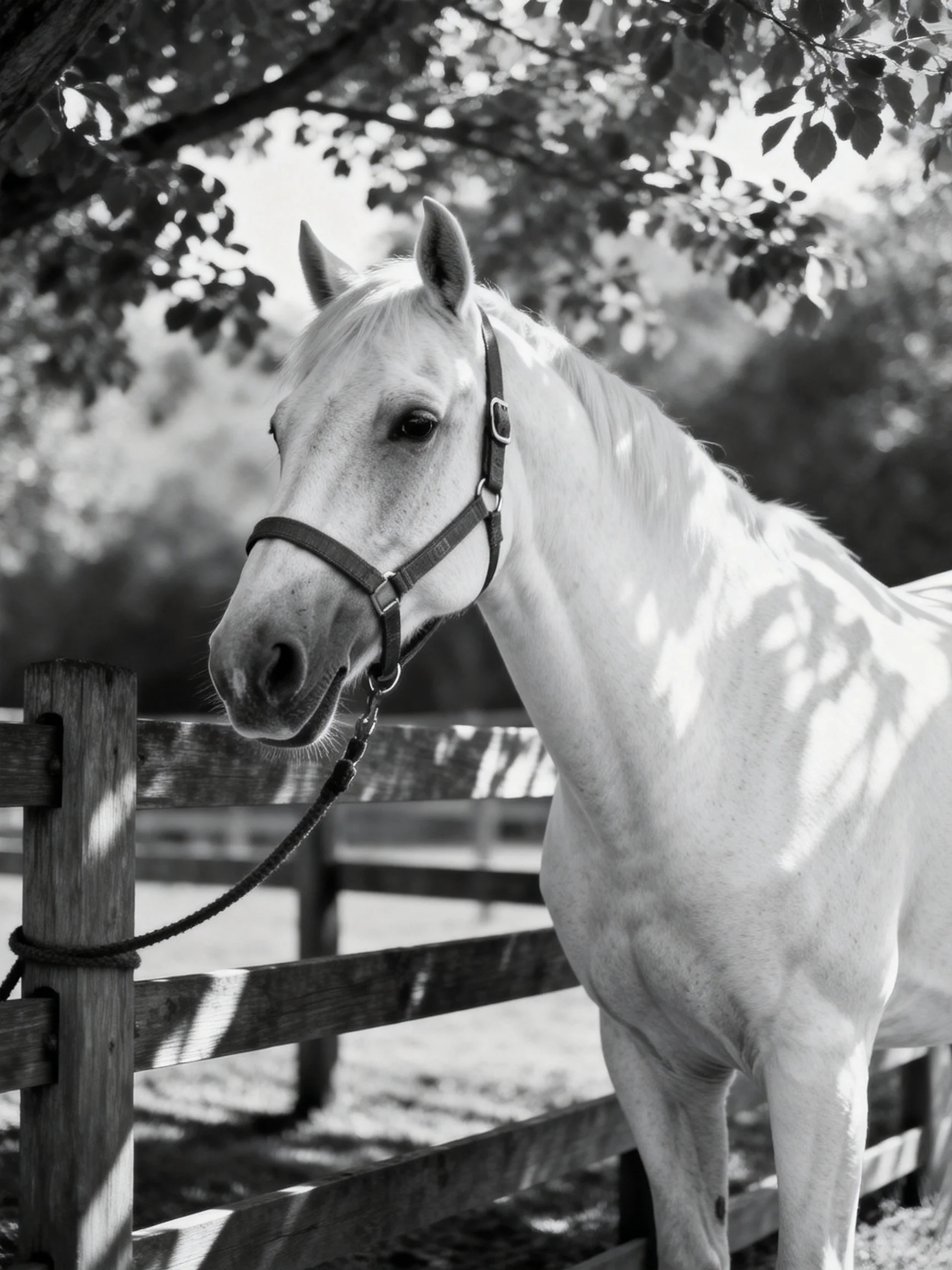 A white horse near a wooden fence under leafy trees