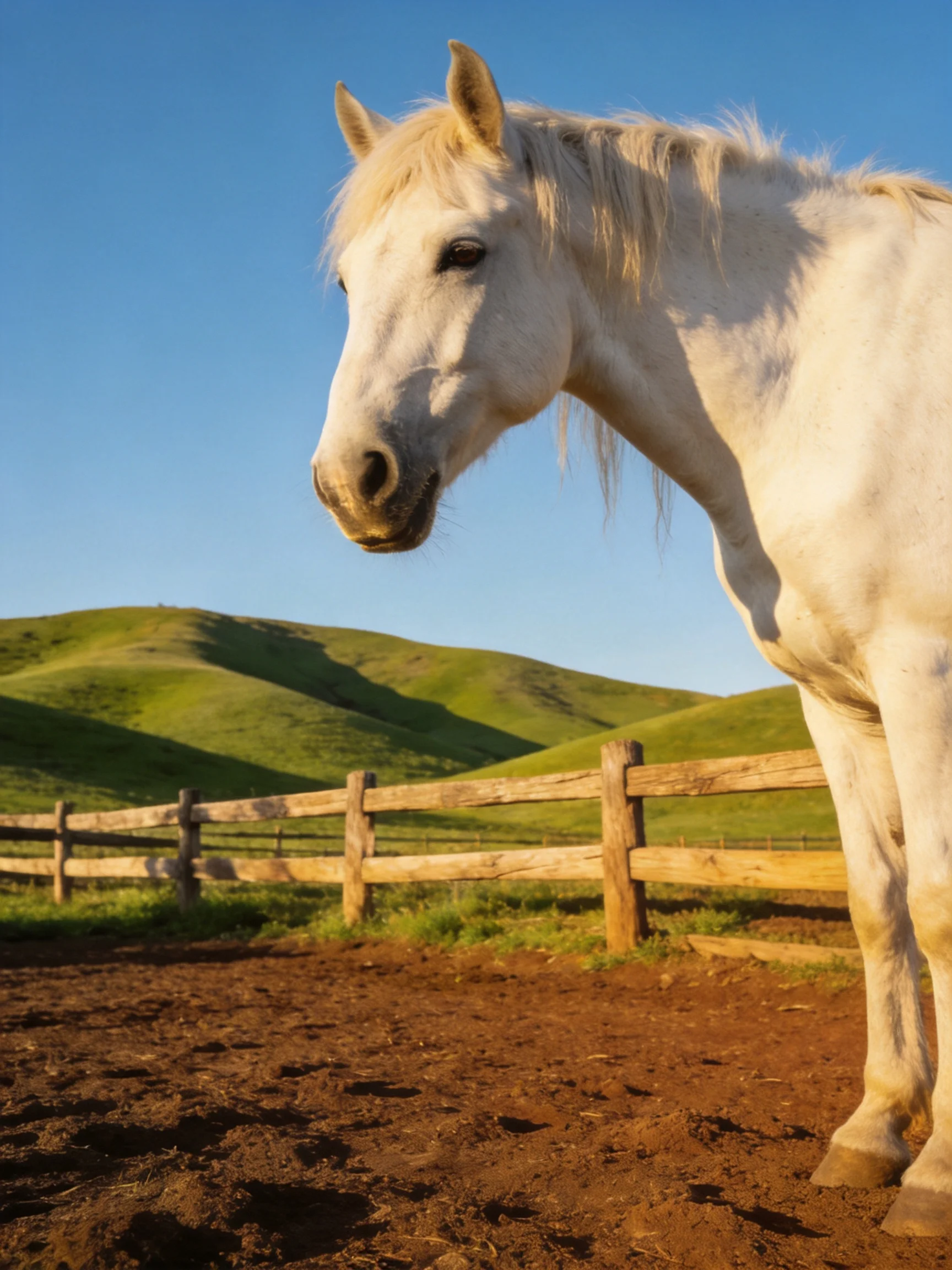 A white horse near a wooden fence with rolling green hills