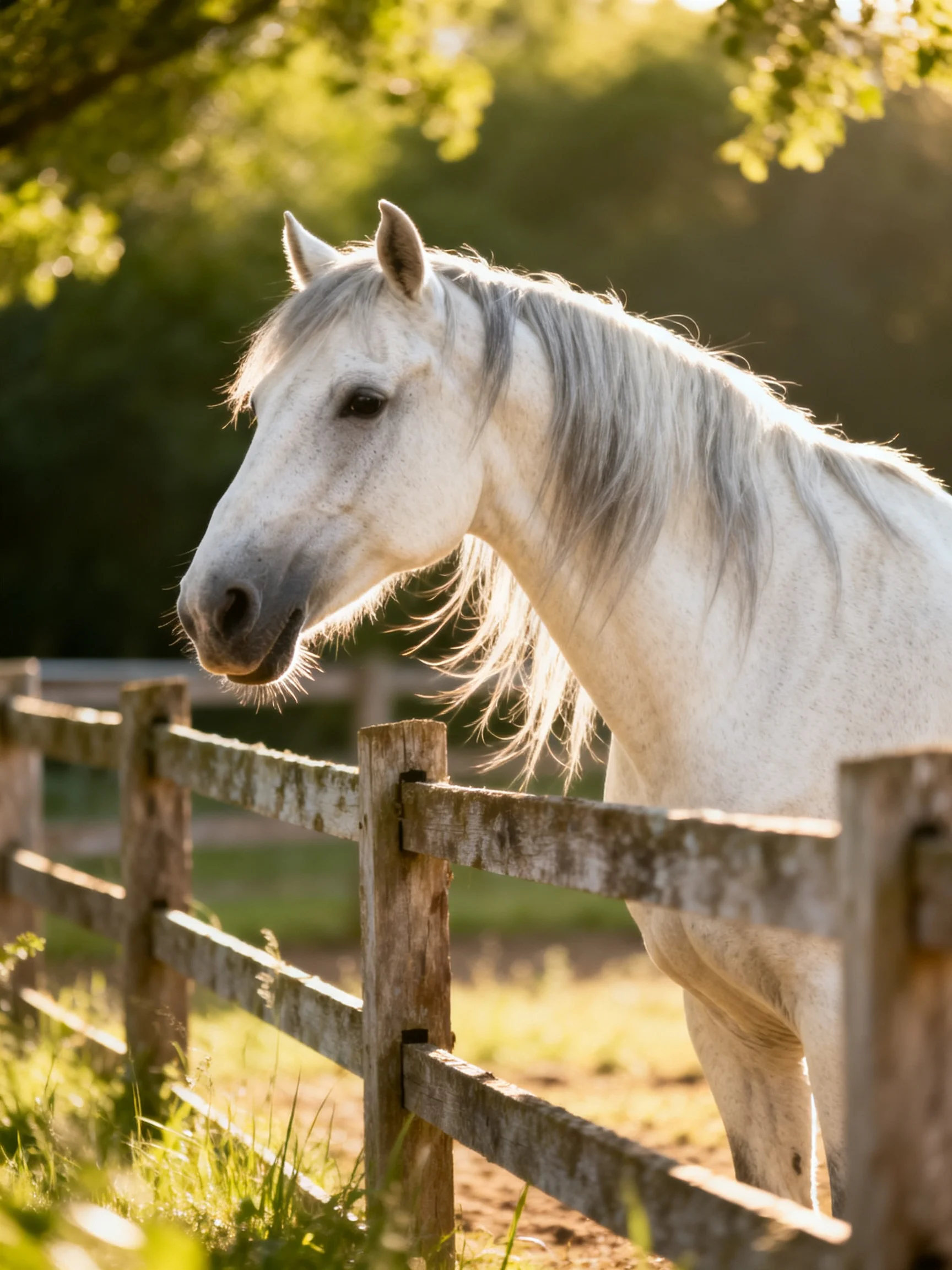 A white horse near an aged wooden fence in a sunlit pasture