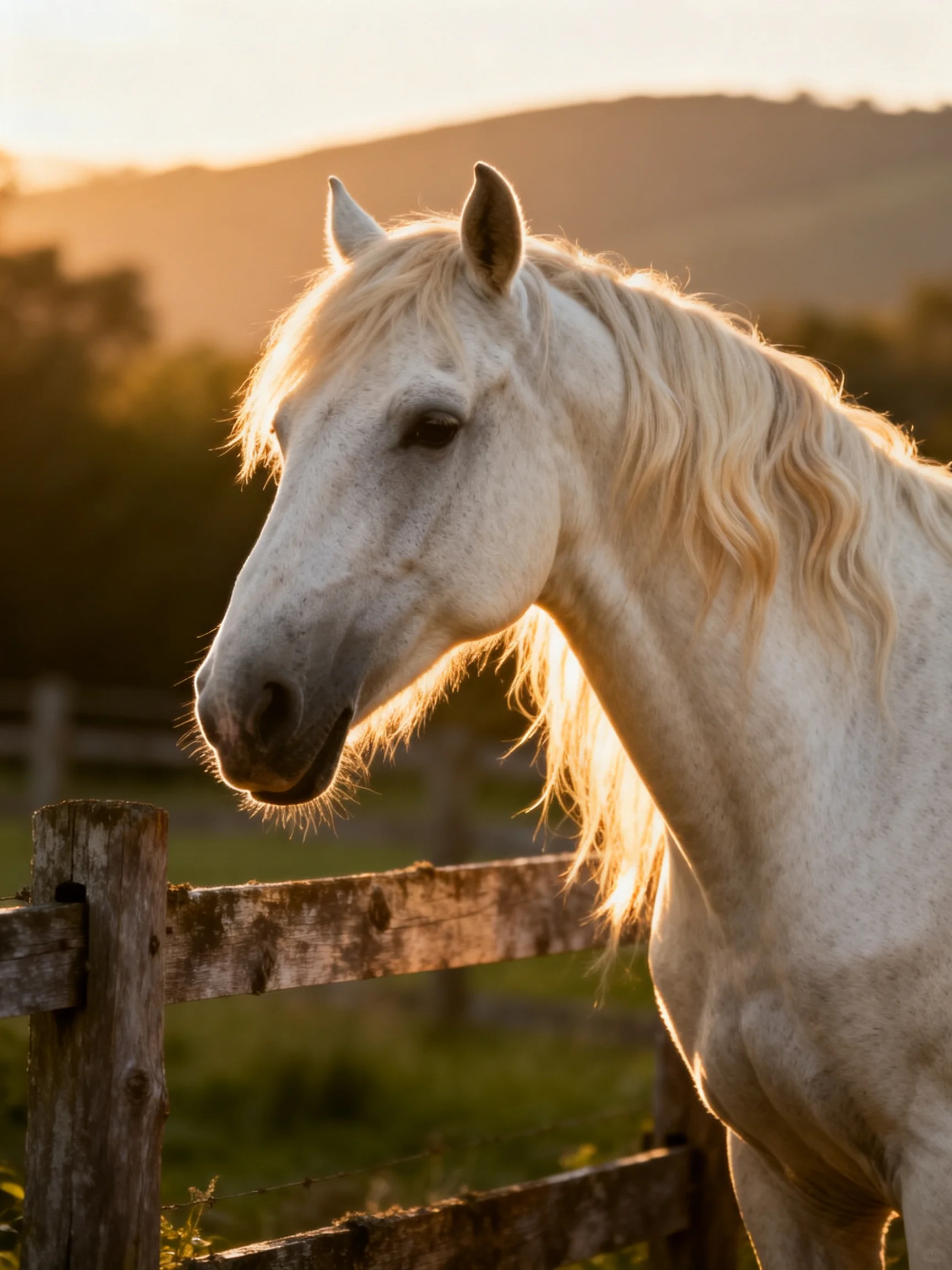 A white horse near an aged wooden fence under golden sunlight