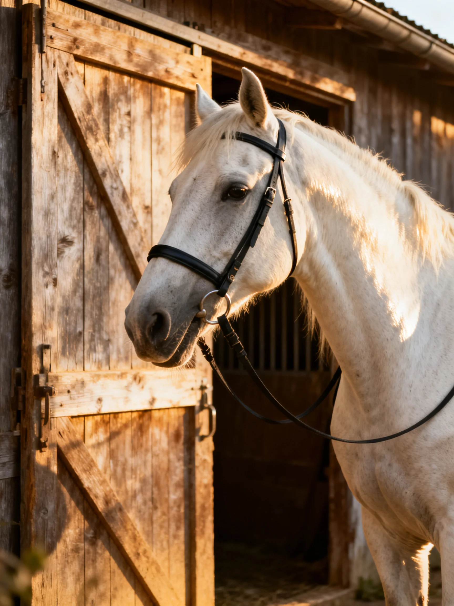 A white horse near an aged wooden stable door