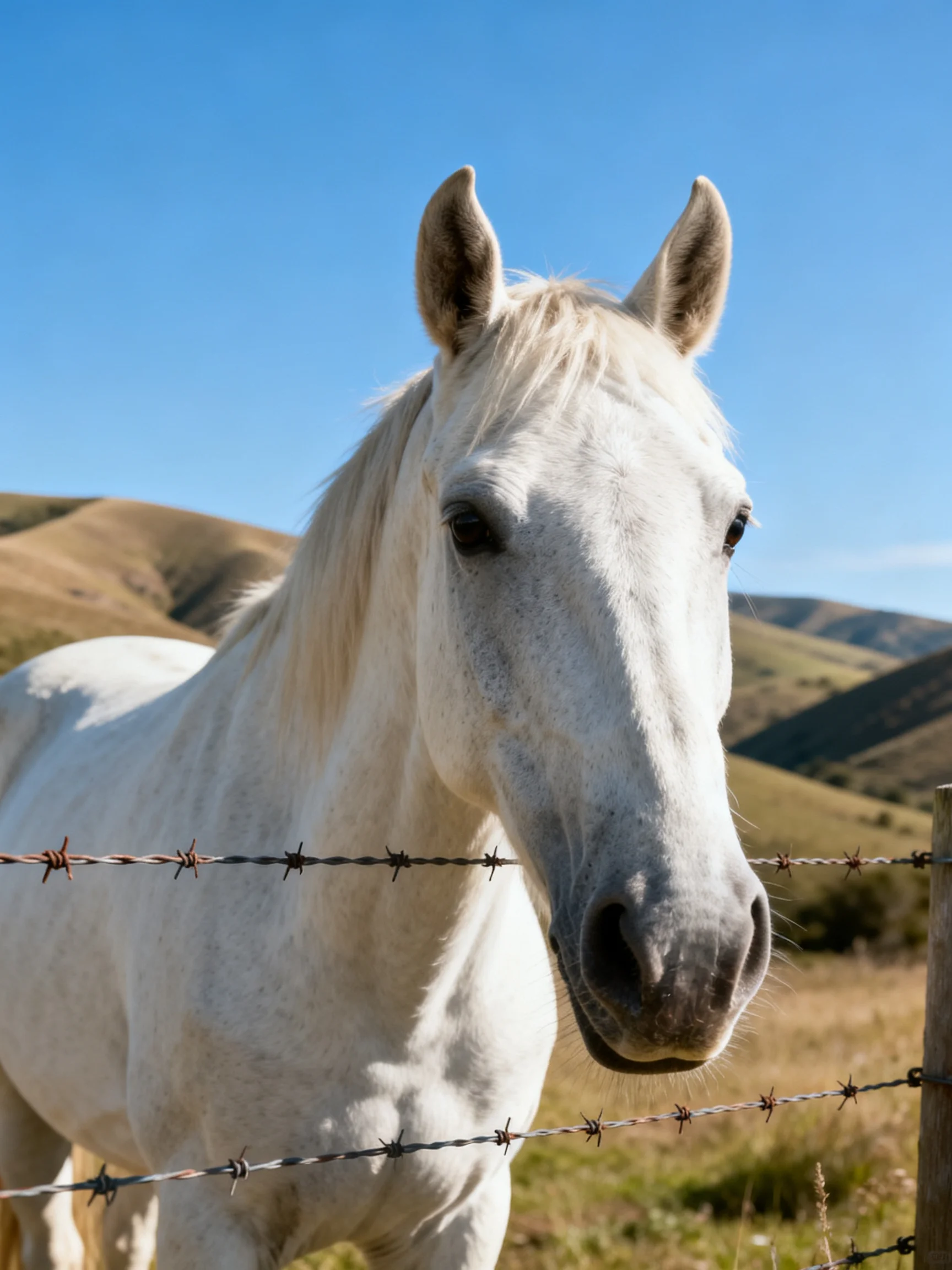 A white horse near barbed wire fence under clear blue sky