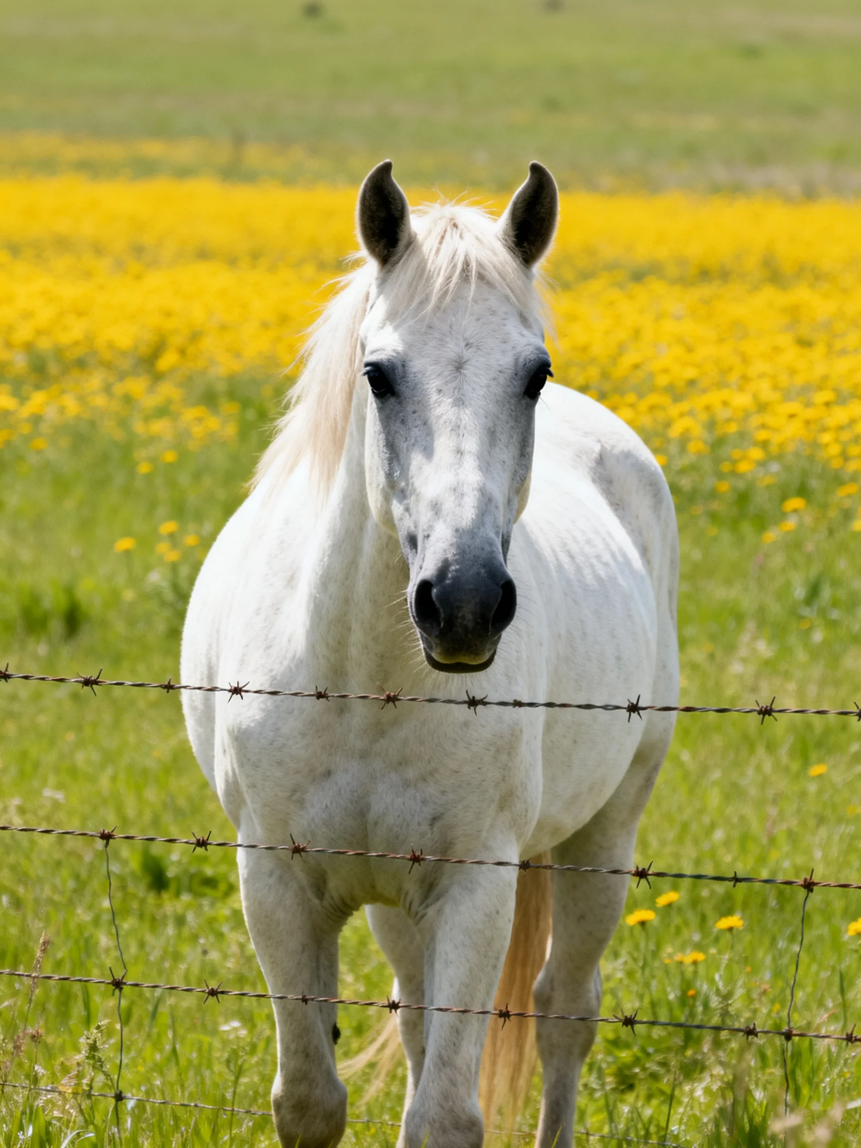 A white horse near barbed wire in a field of bright yellow flowers