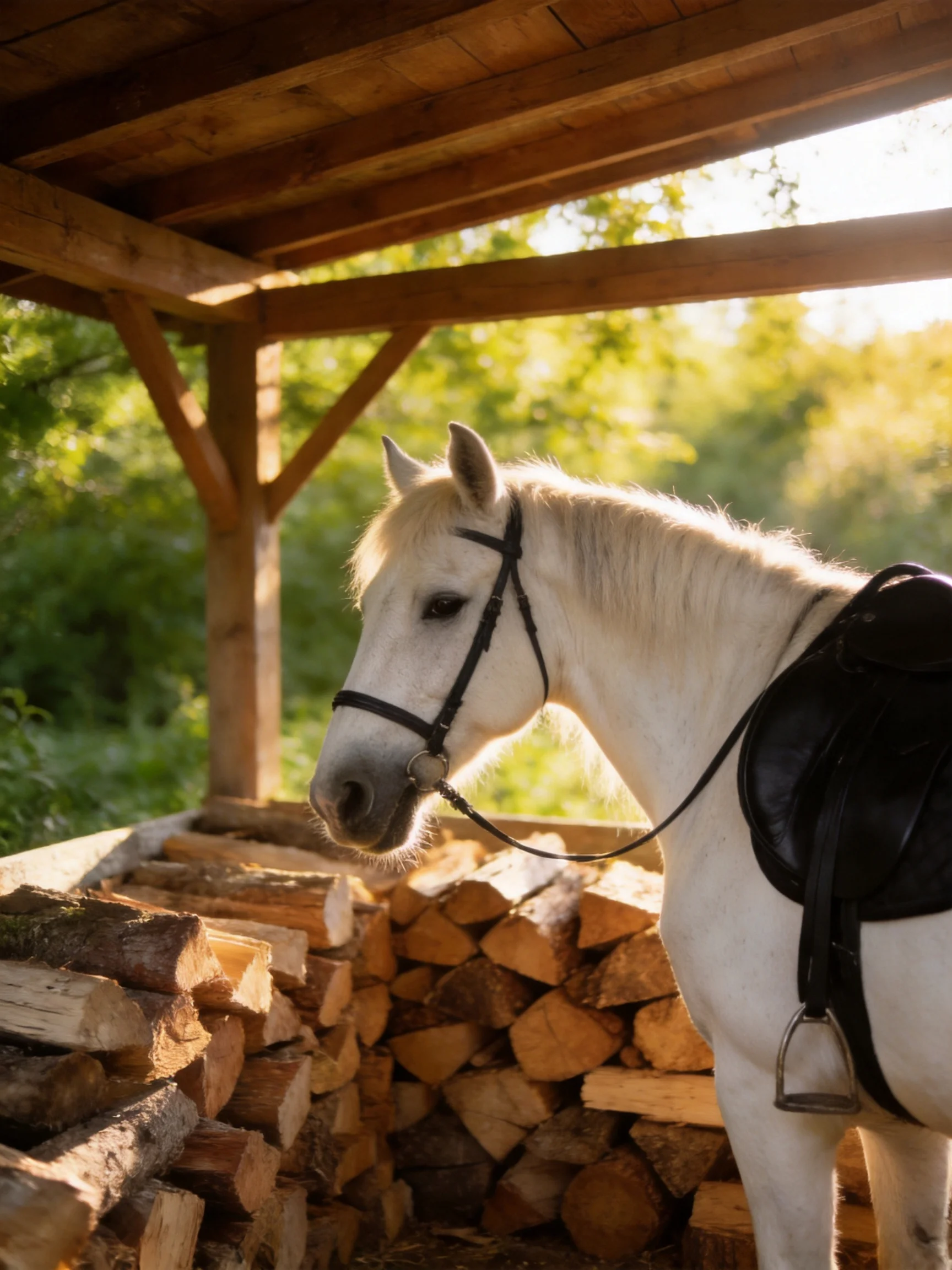 A white horse stands beside stacked firewood under a wooden shelter.