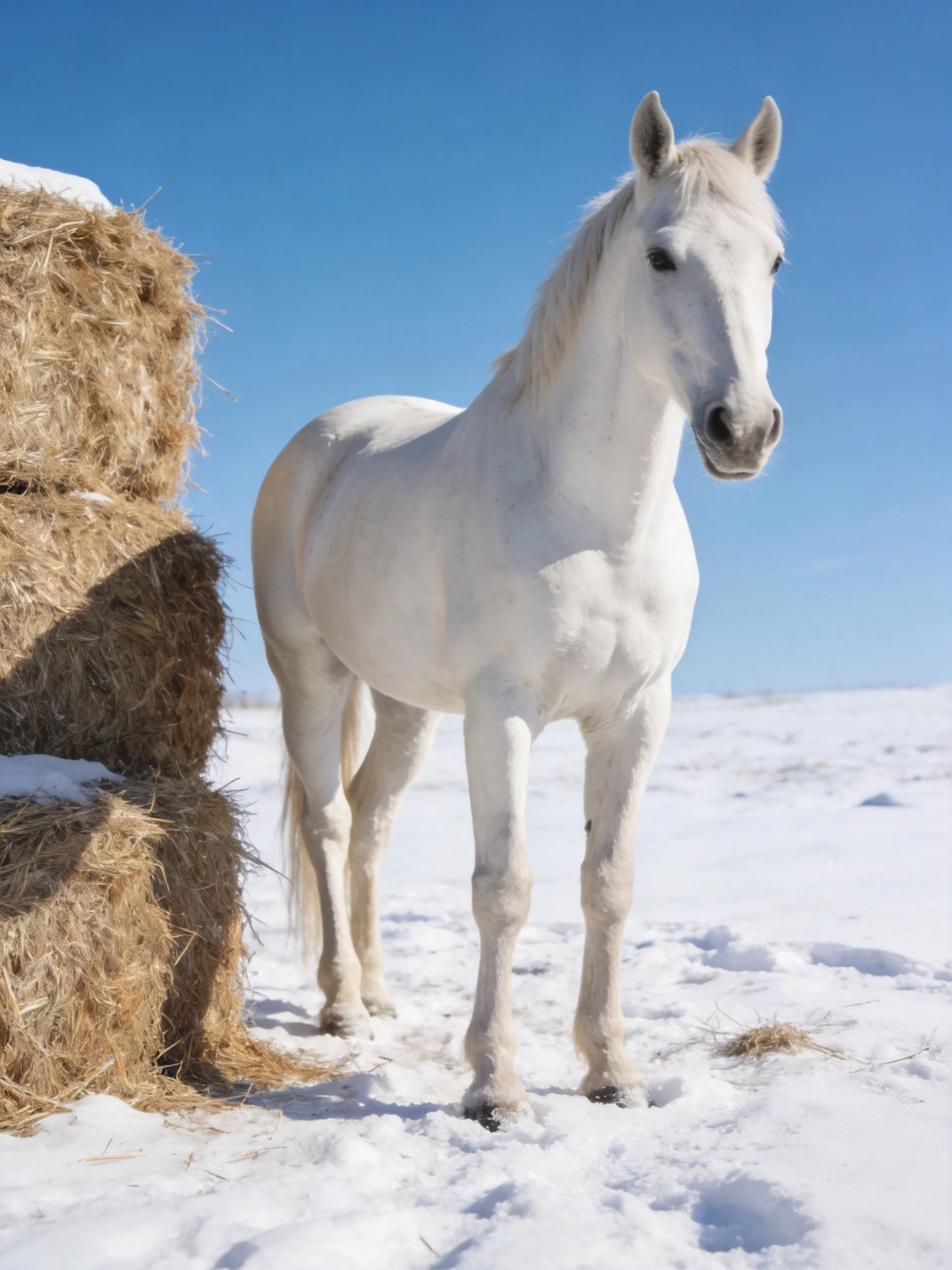 A white horse near stacked hay bales in a snowy landscape