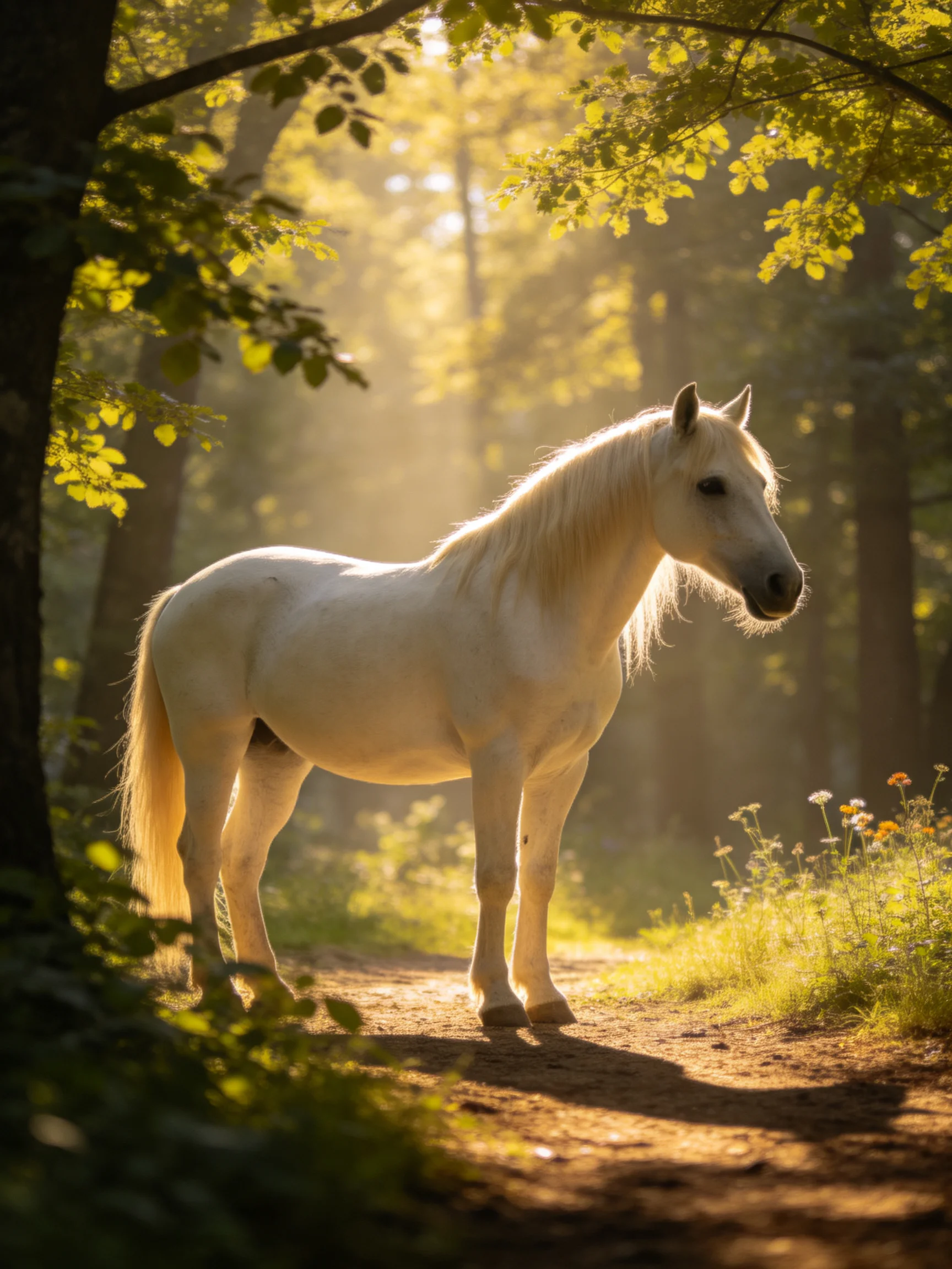A white horse stands on a sunlit forest path.