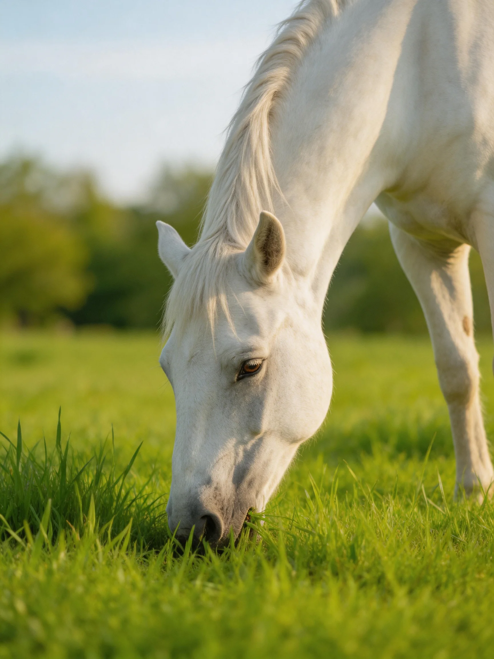 A white horse peacefully grazing in a lush green meadow