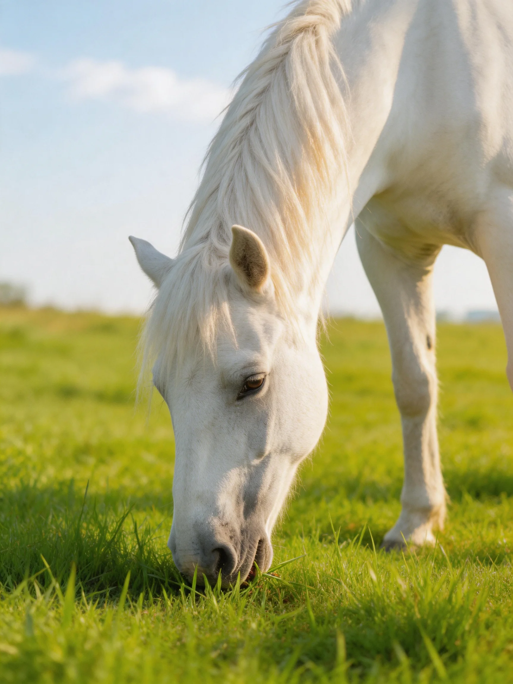 A white horse peacefully grazing in a lush green meadow