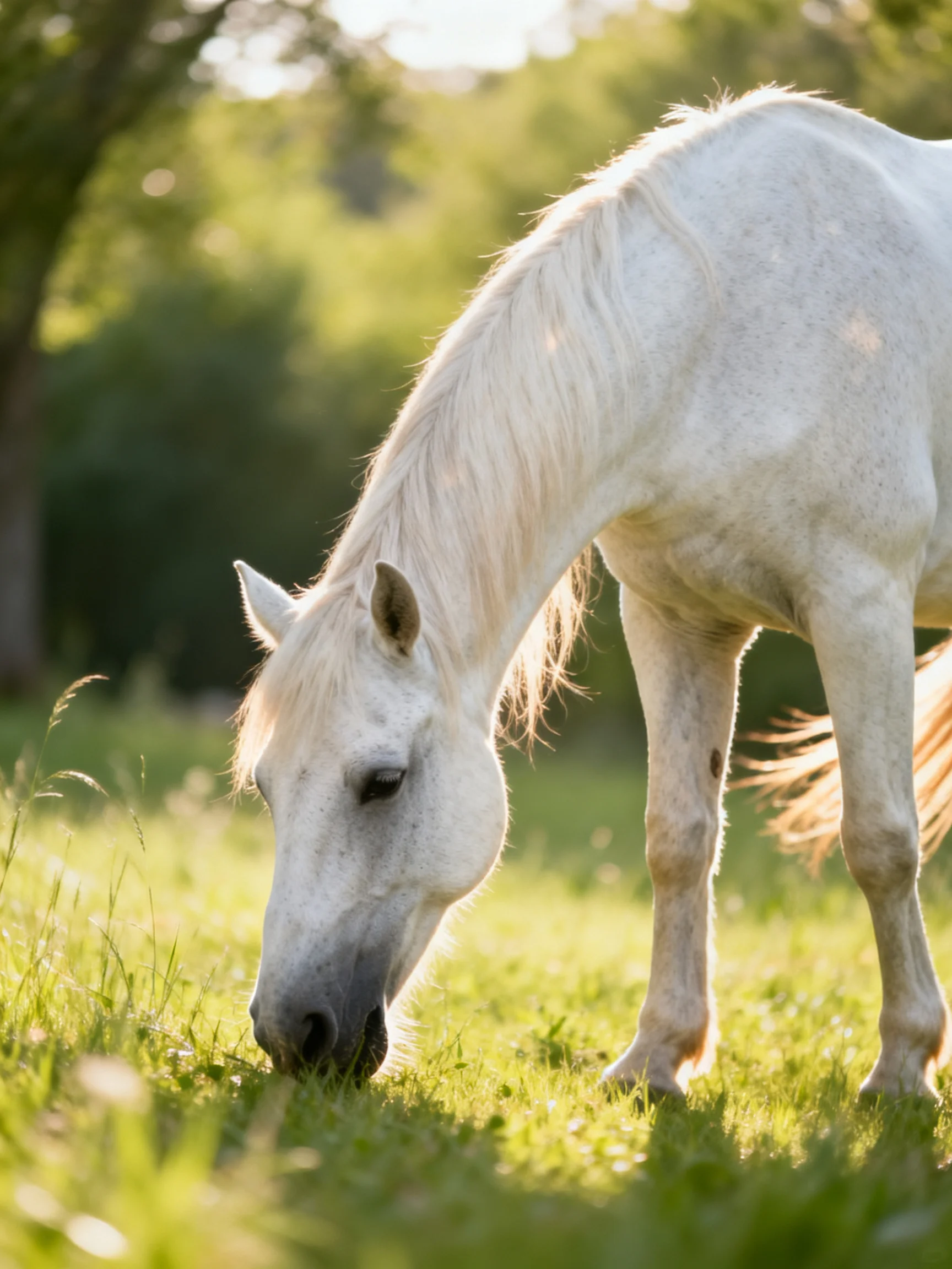 A white horse peacefully grazing in a sunlit green meadow