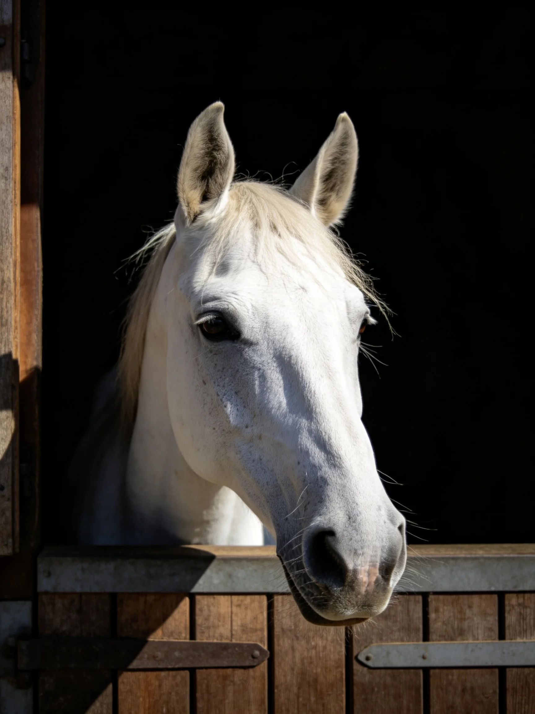 A white horse peeks from a wooden stable stall with dark surroundings