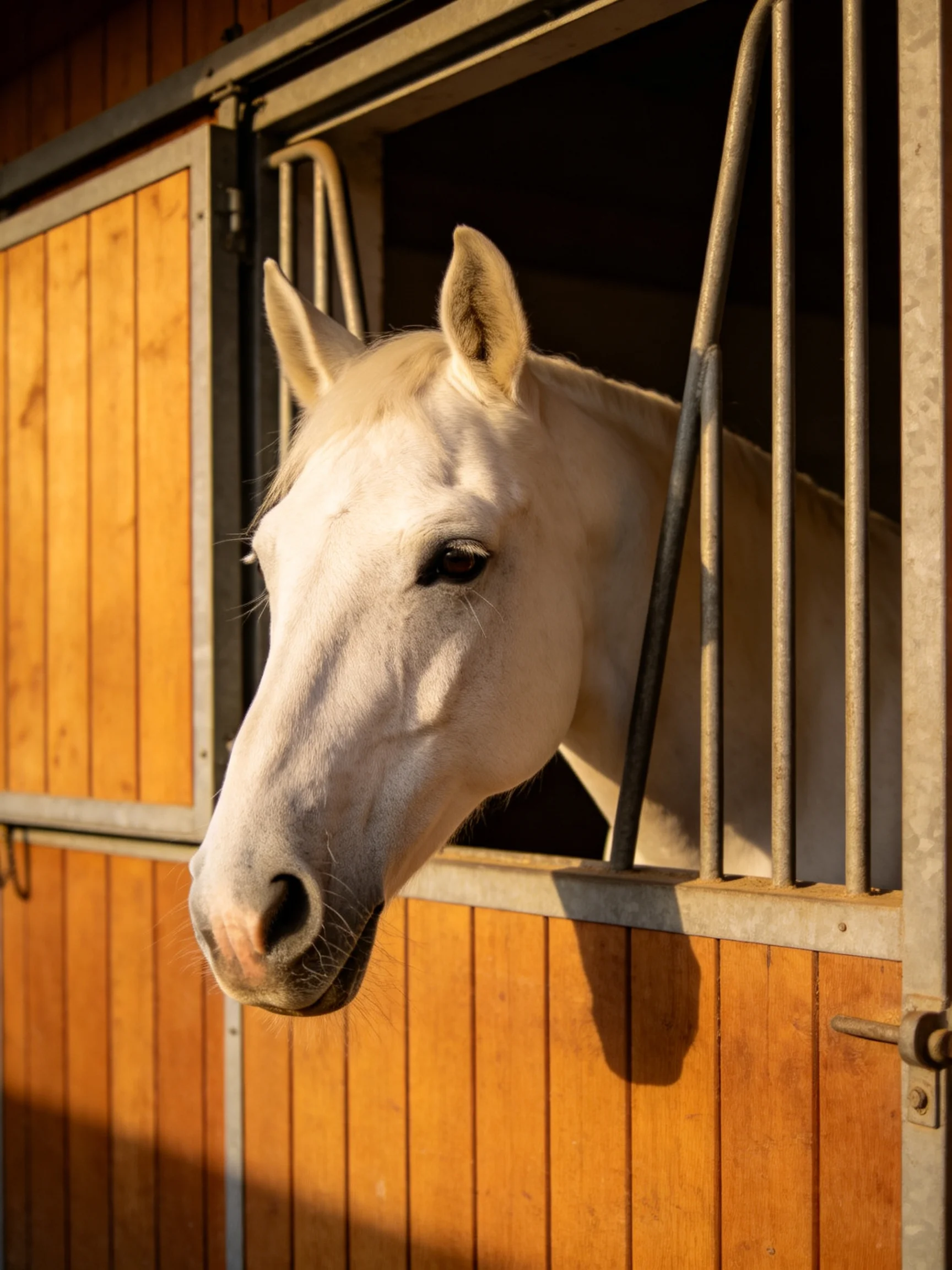 A white horse peeks from a wooden stable with metal bars