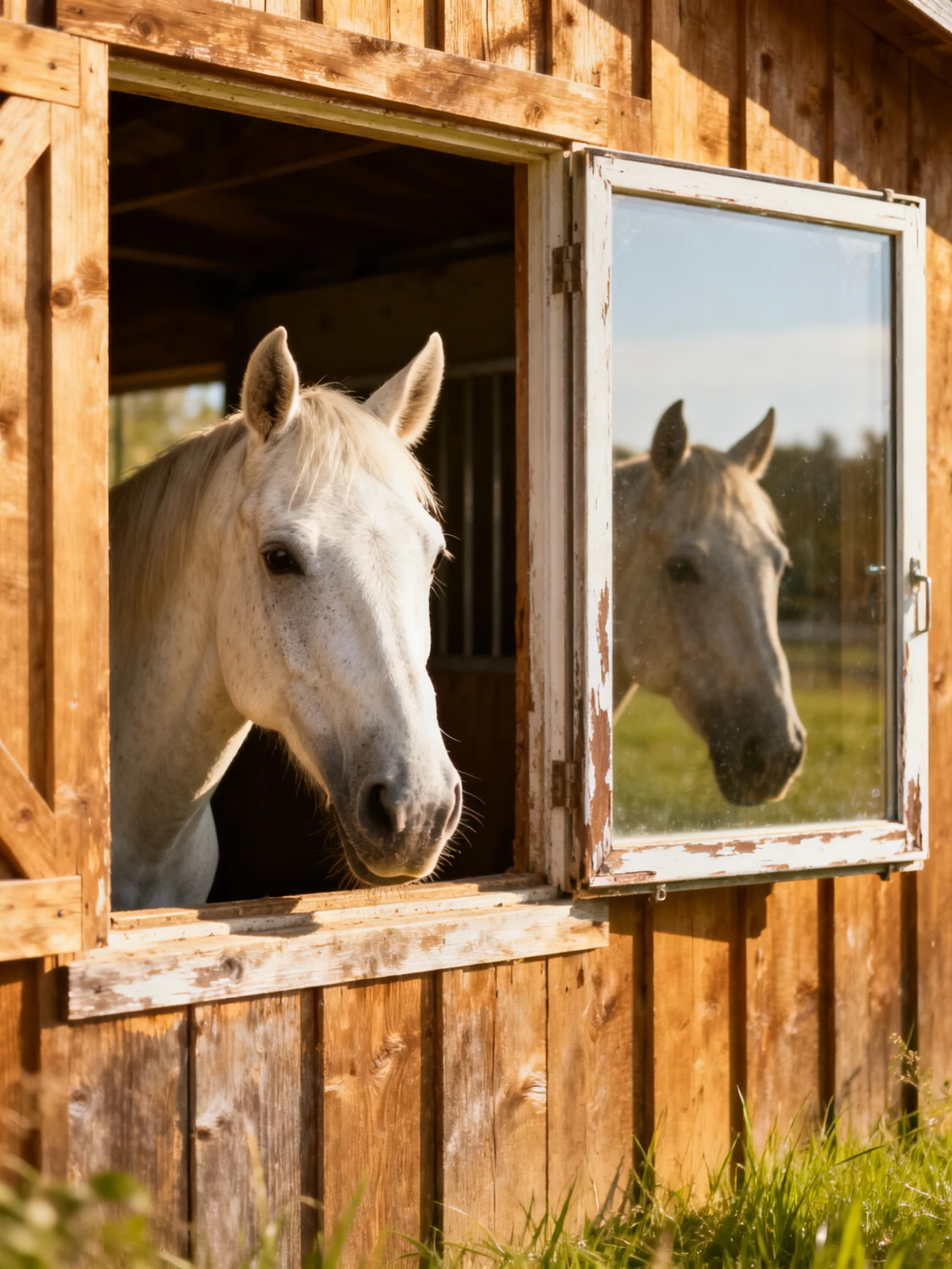 A white horse peers from a weathered wooden stable window with a reflective glass panel