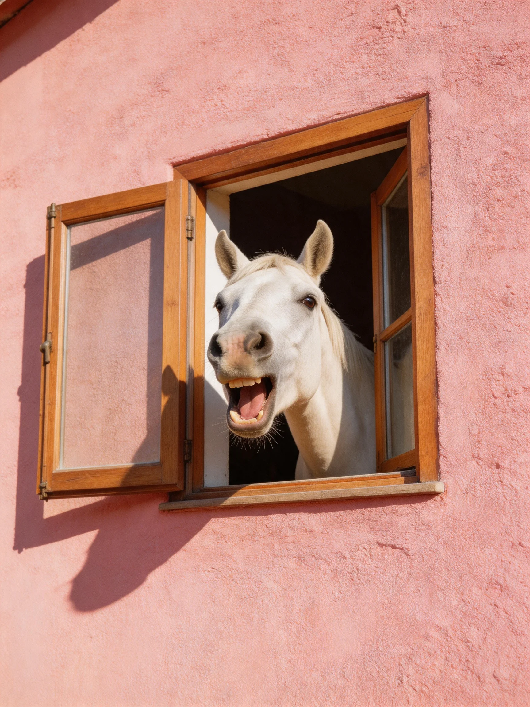 A white horse peers from an open wooden window on a pink building