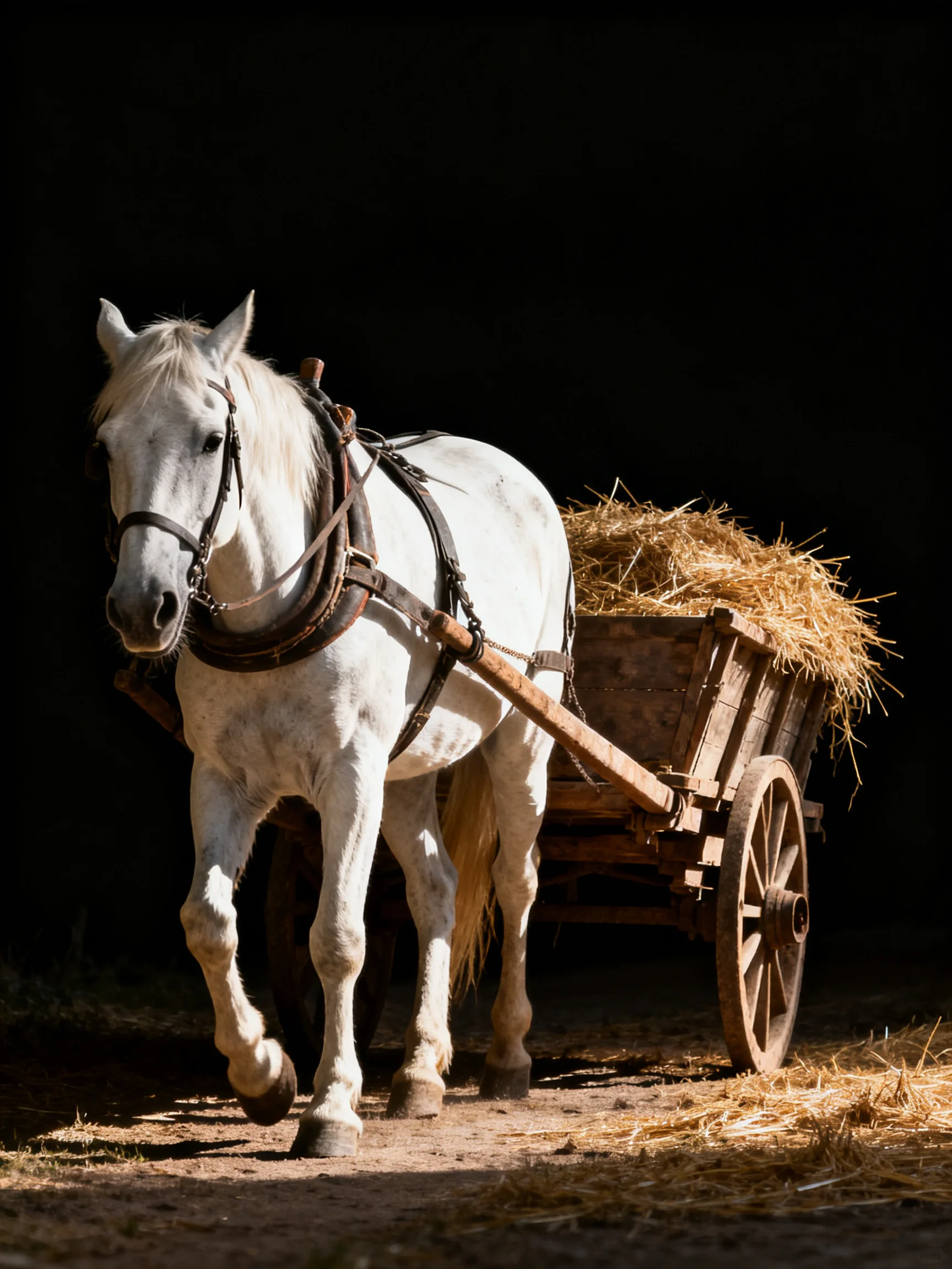 A white horse pulling a wooden cart loaded with golden hay