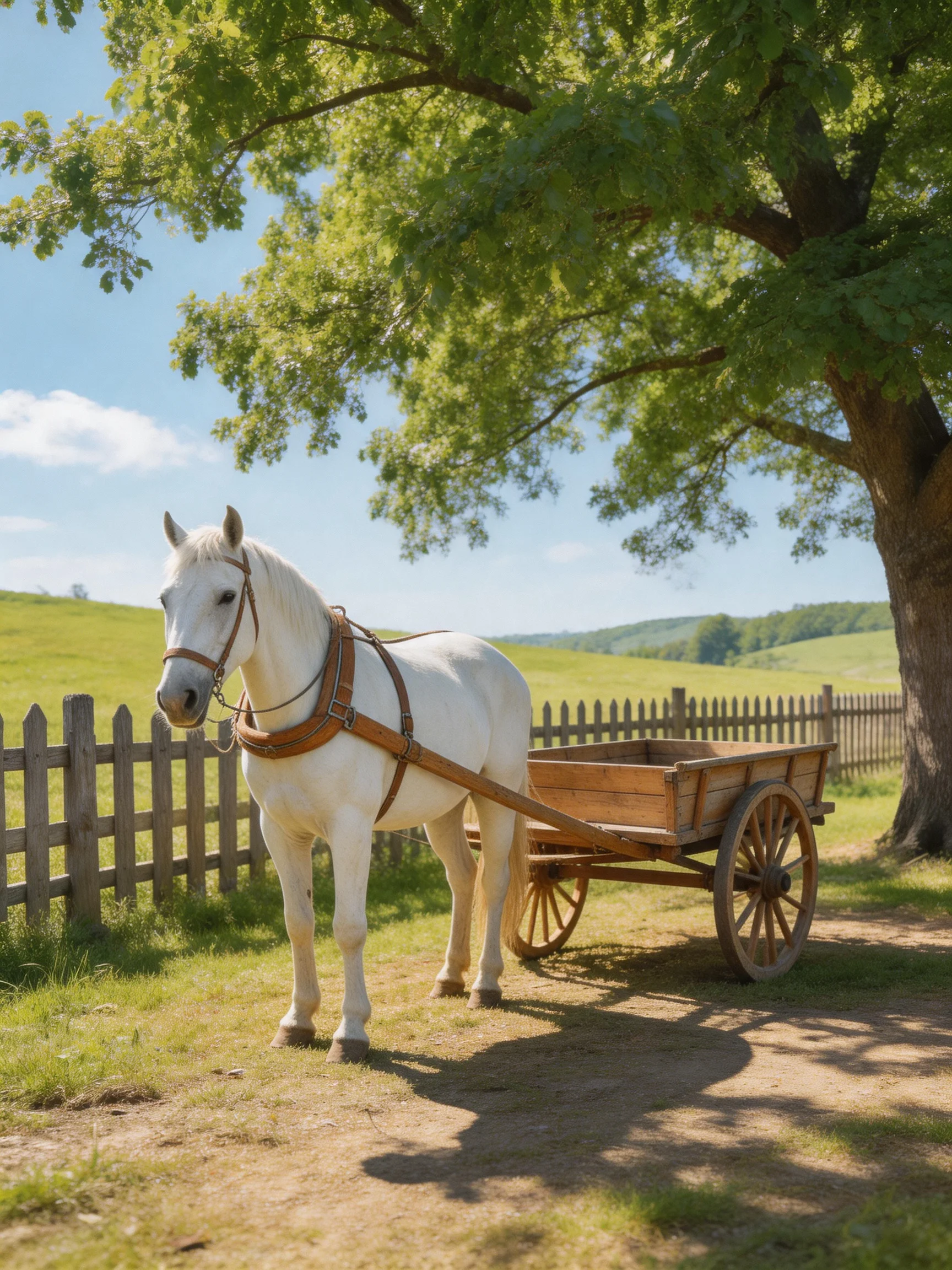 A white horse pulls a wooden cart near a large tree