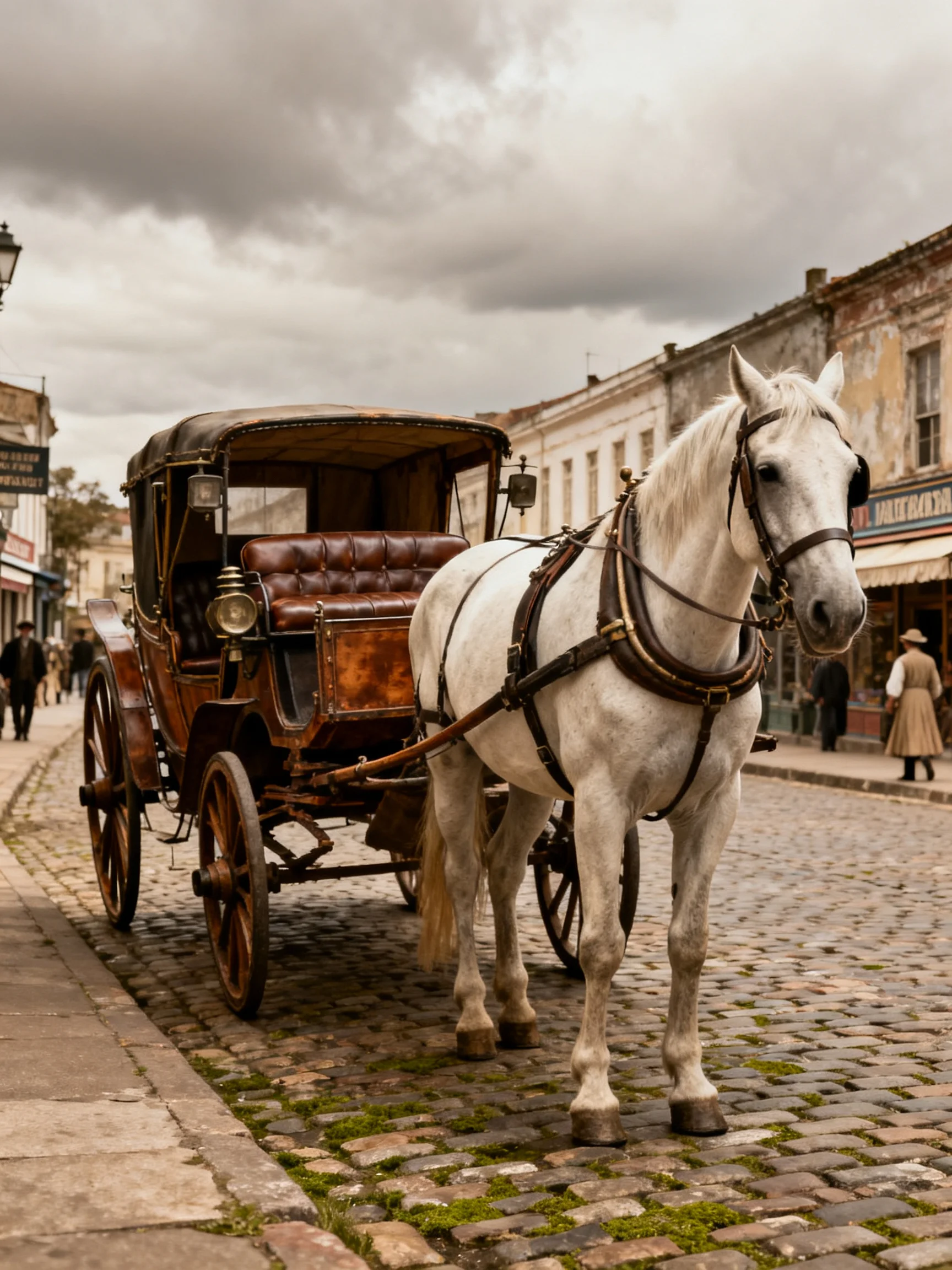 A white horse pulls an antique brown carriage on cobblestones