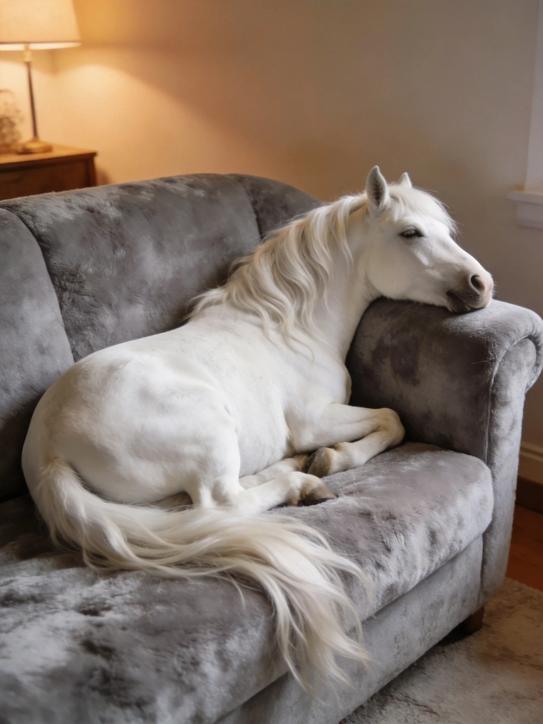 A white horse relaxes on a plush gray sofa in a cozy interior