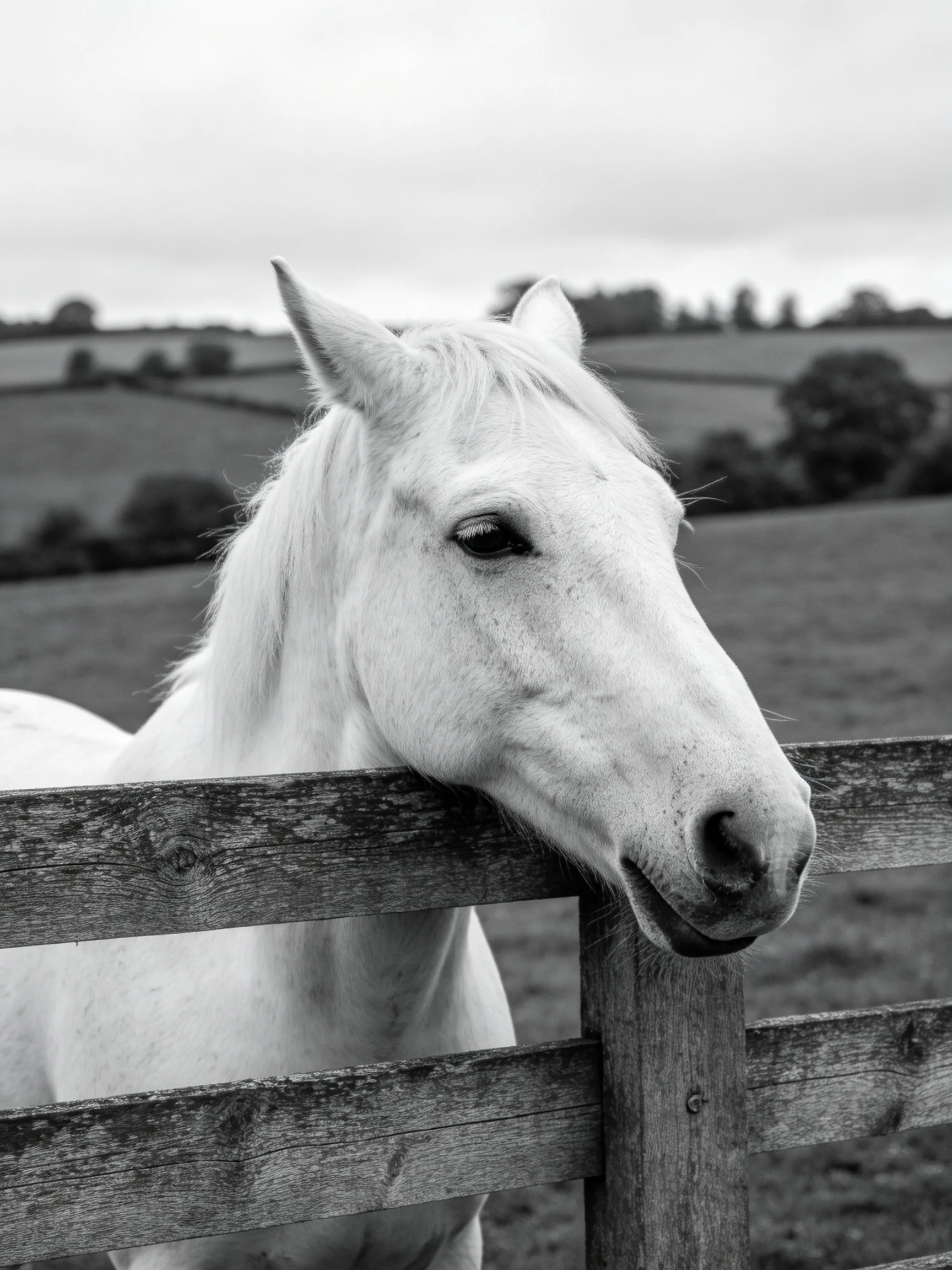A white horse rests against a weathered wooden fence in a rural countryside