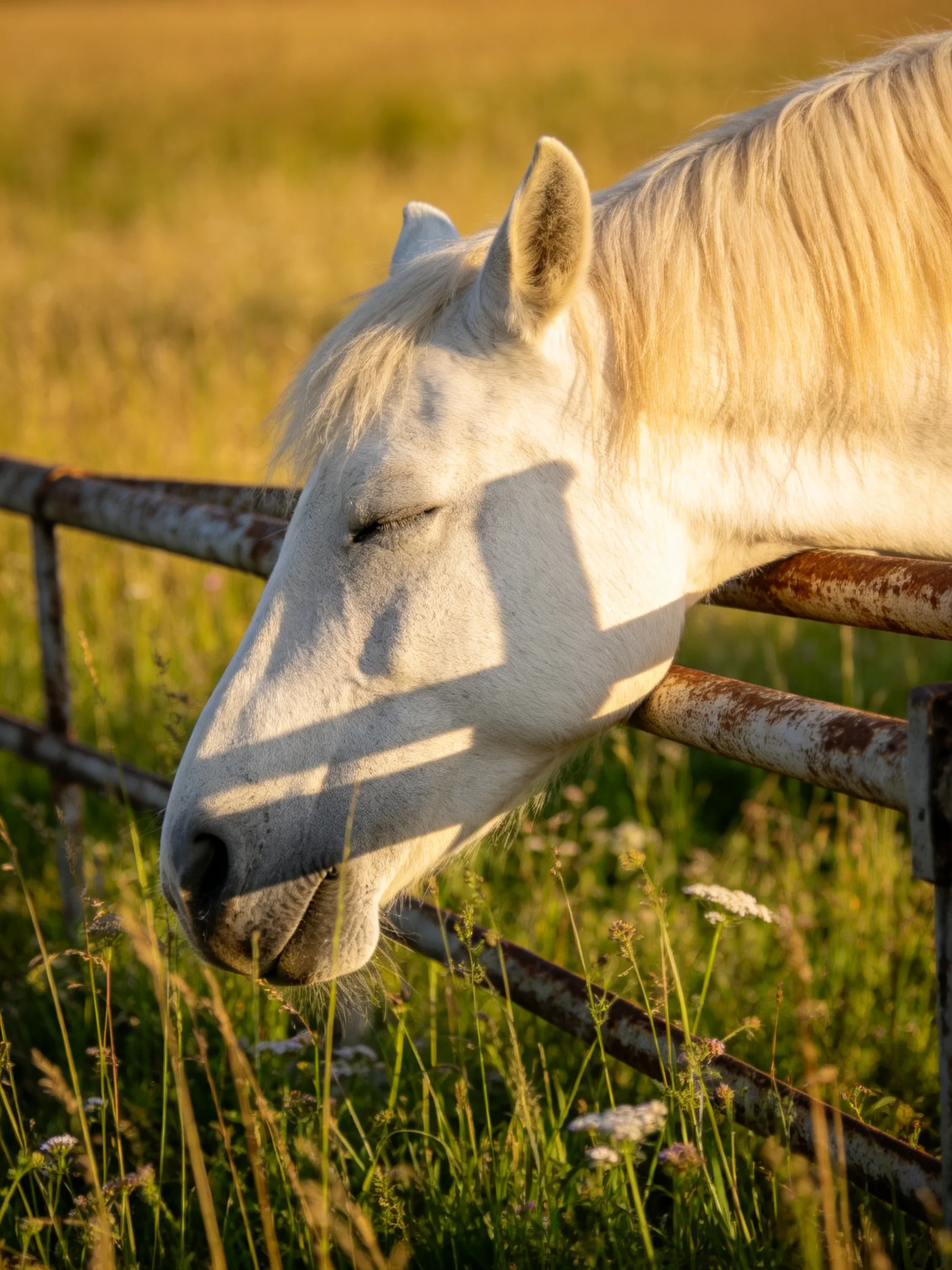 A white horse rests by a rusty metal fence in a golden field