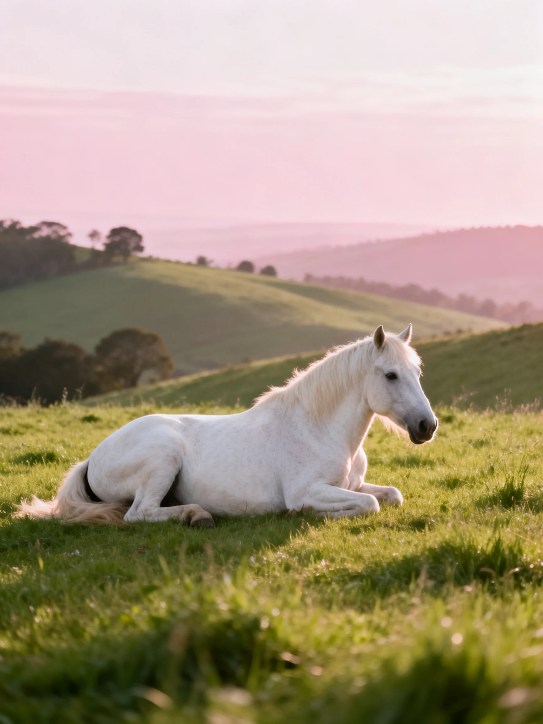 A white horse relaxes in a grassy meadow with rolling hills and a pink sky.