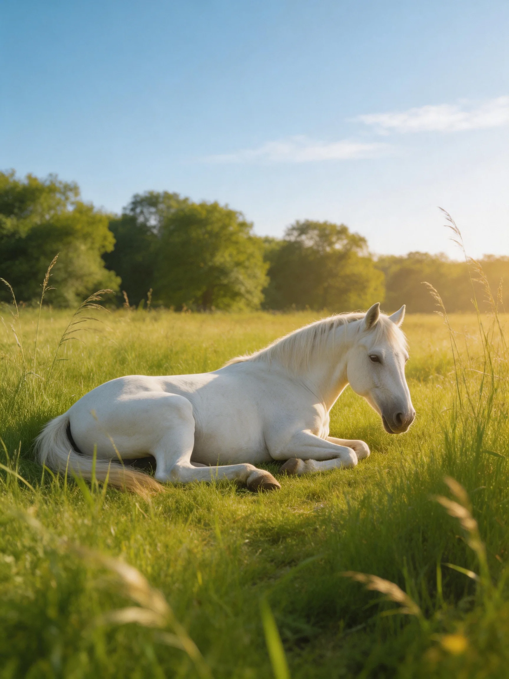 A white horse rests in a sun-drenched green meadow near trees