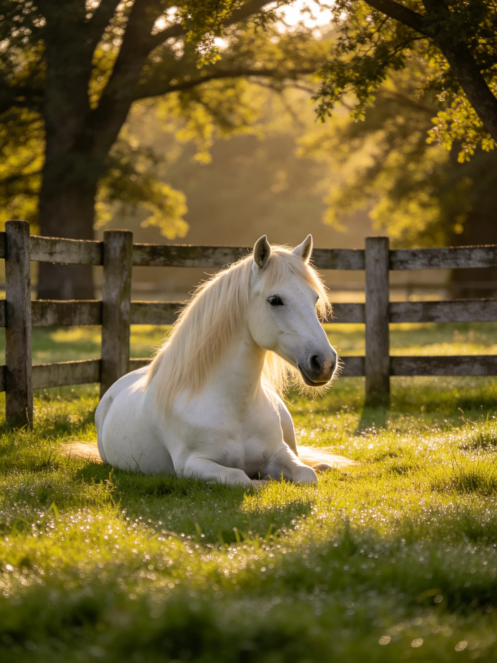 A white horse rests in a sunlit grassy field near a wooden fence