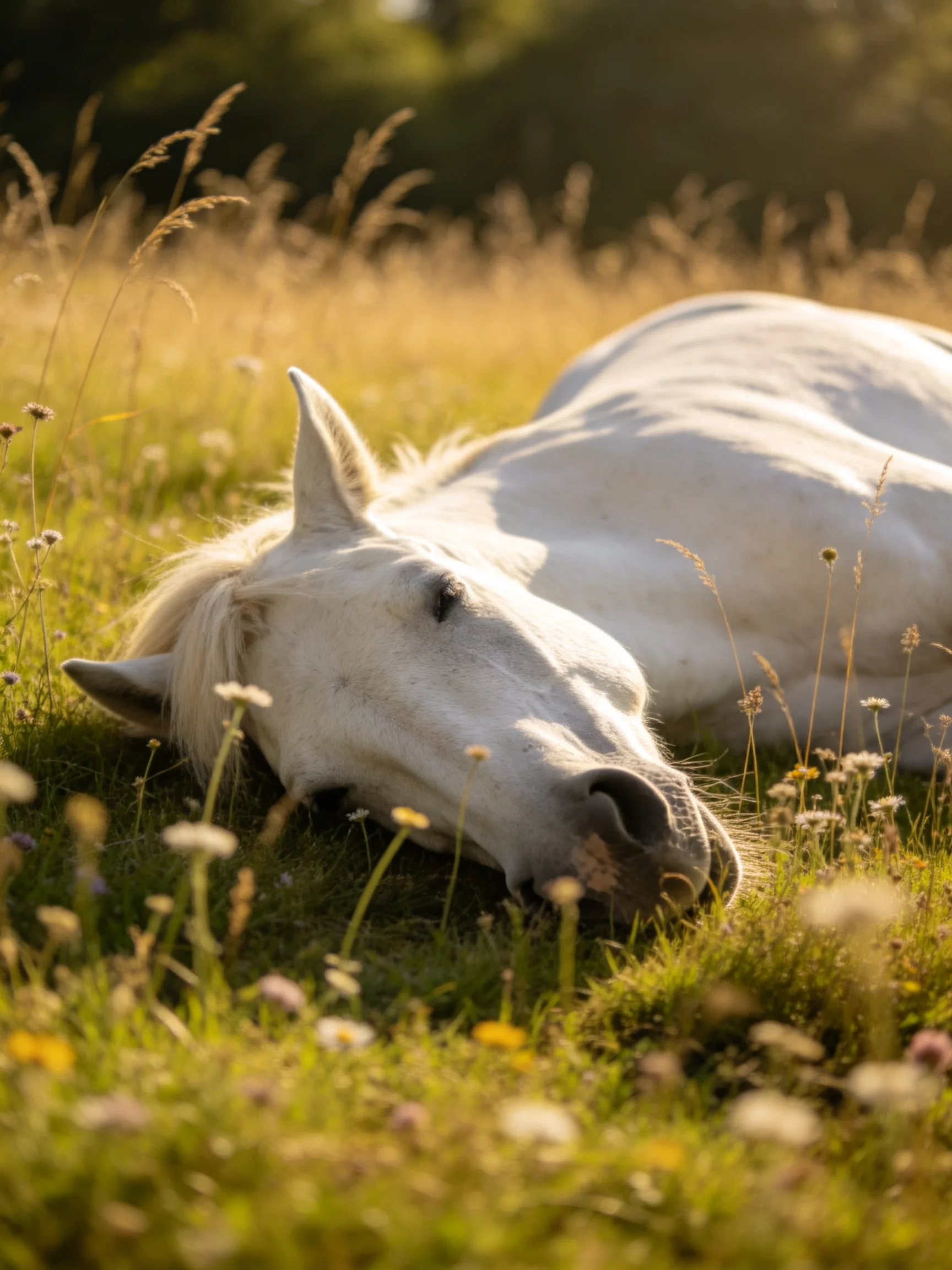 A white horse rests in a sunlit meadow filled with tall grass and wildflowers