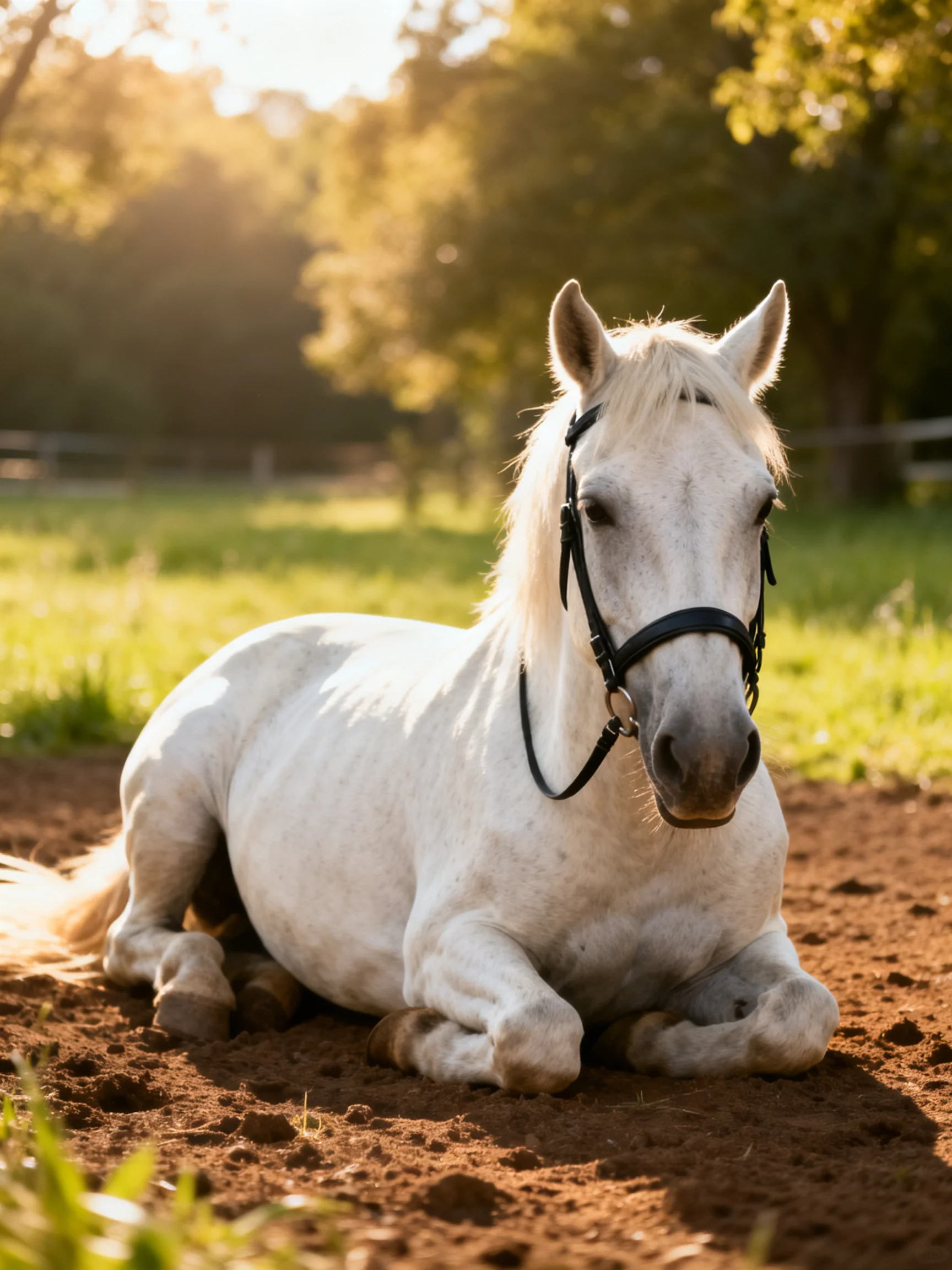 A white horse rests on brown dirt in a sunlit field