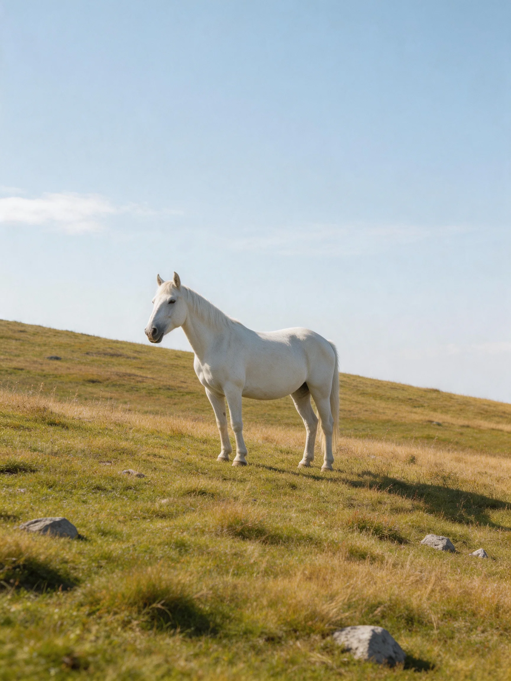 A white horse stands alone on a sunlit grassy hill