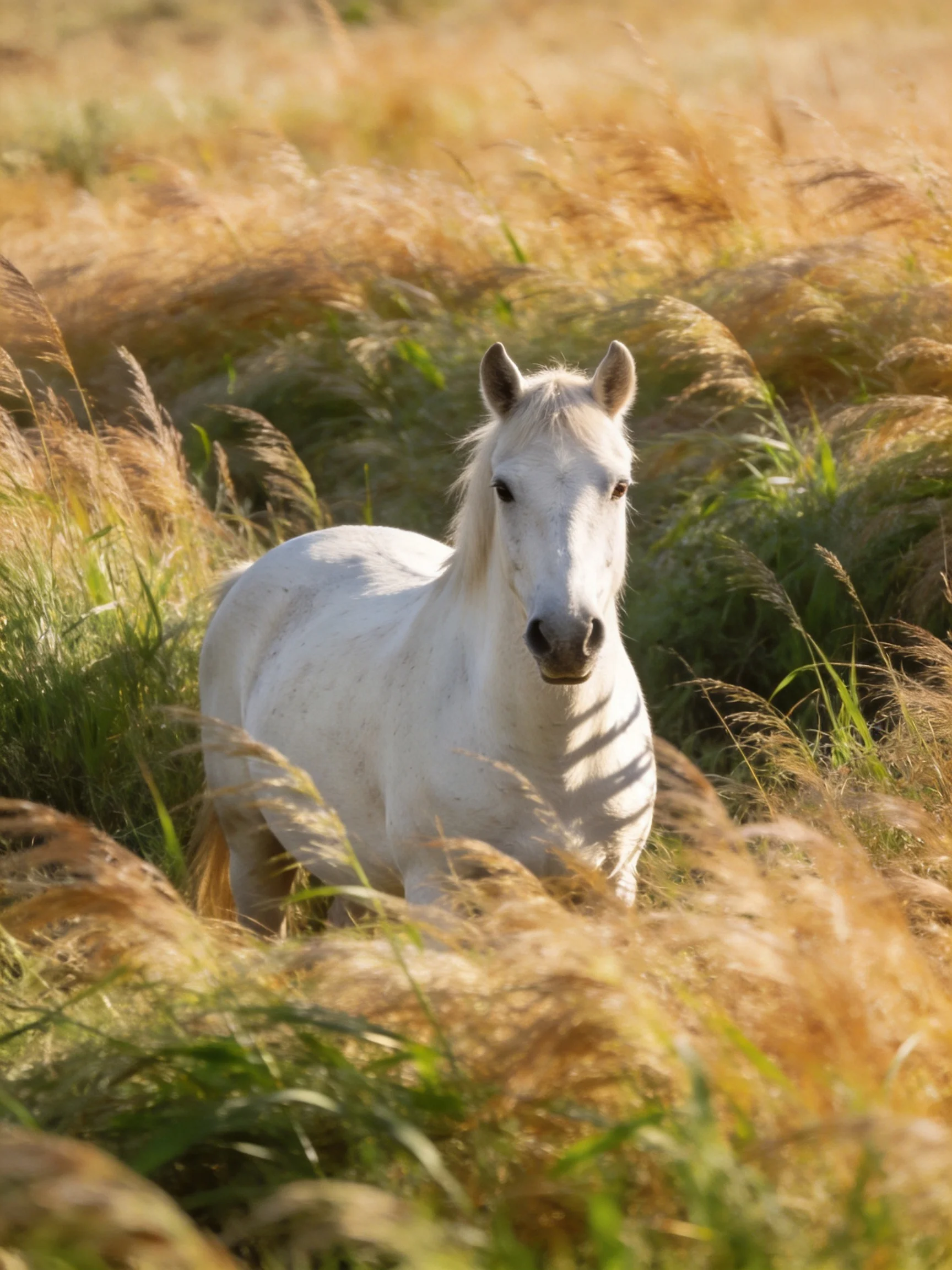 A white horse is nestled among tall golden-green grasses.